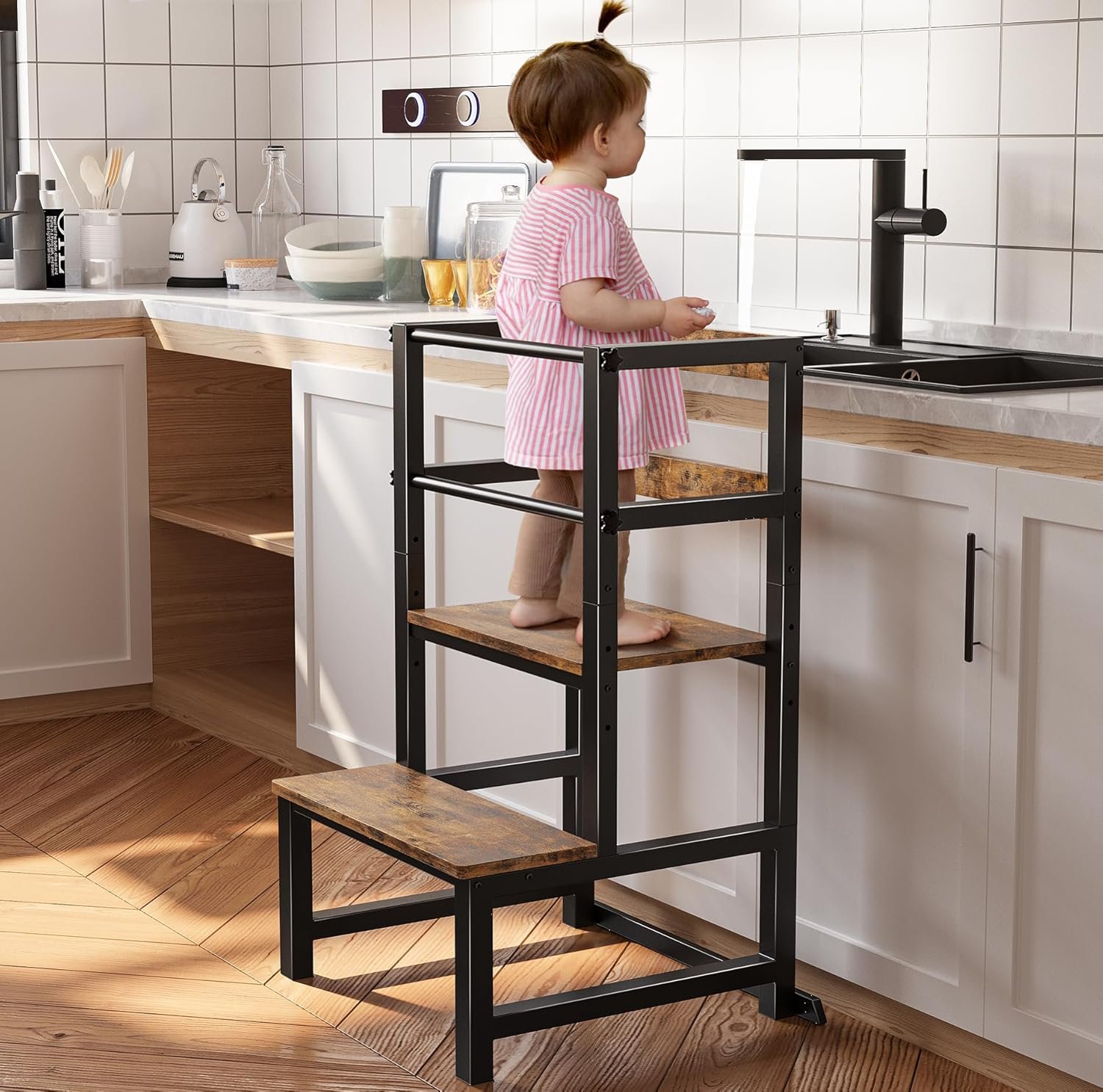 INNOD Kitchen Step Stool for Toddlers, Height Adjustable Toddler Tower with Safety Rail, Steel and Wood Toddler Kitchen Stool Helper Kids, Stool for Kids, Learning Tower, Kids’ Desk Brown