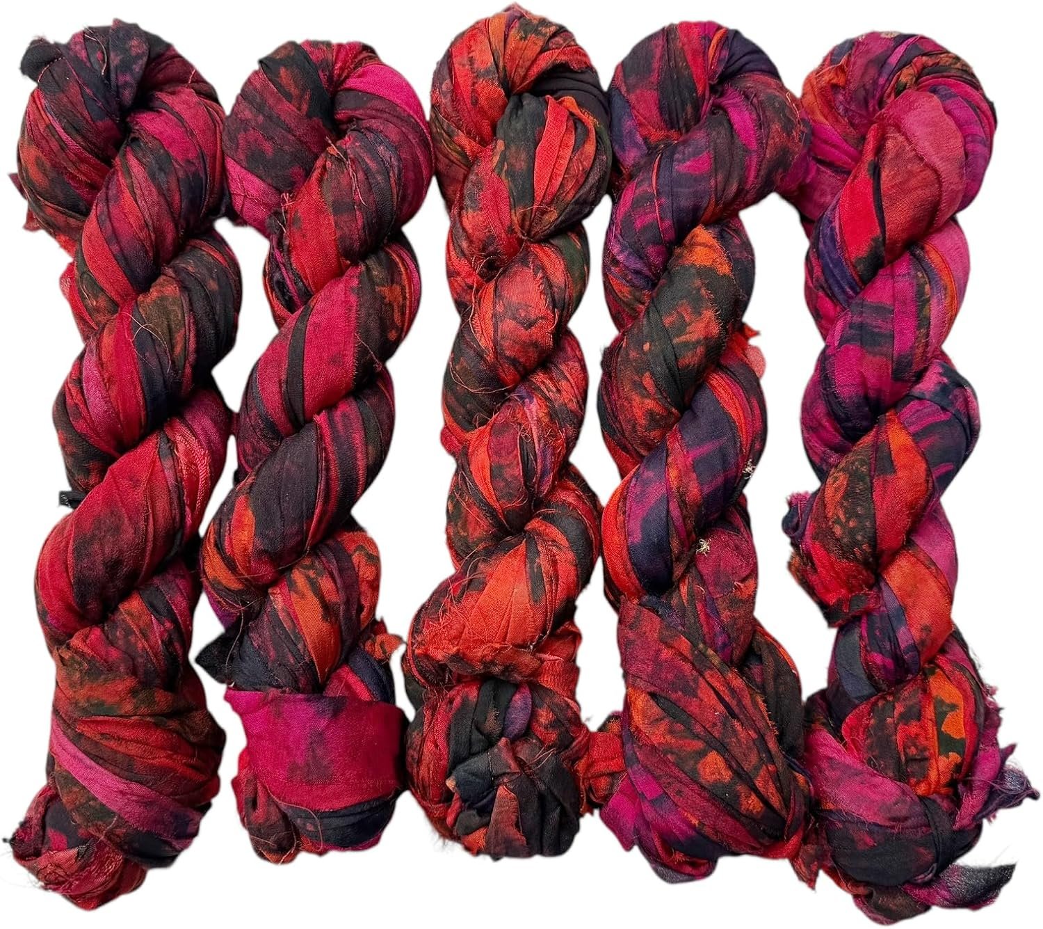 Maker’s Craft Hand Tye Dyed Recycled Sari Silk Ribbon Yarn 50 Yards 100 Grams for DIY Knitting, Christmas Decorations, Gift Wrapping, Wall Hangings, Jewelry Makings