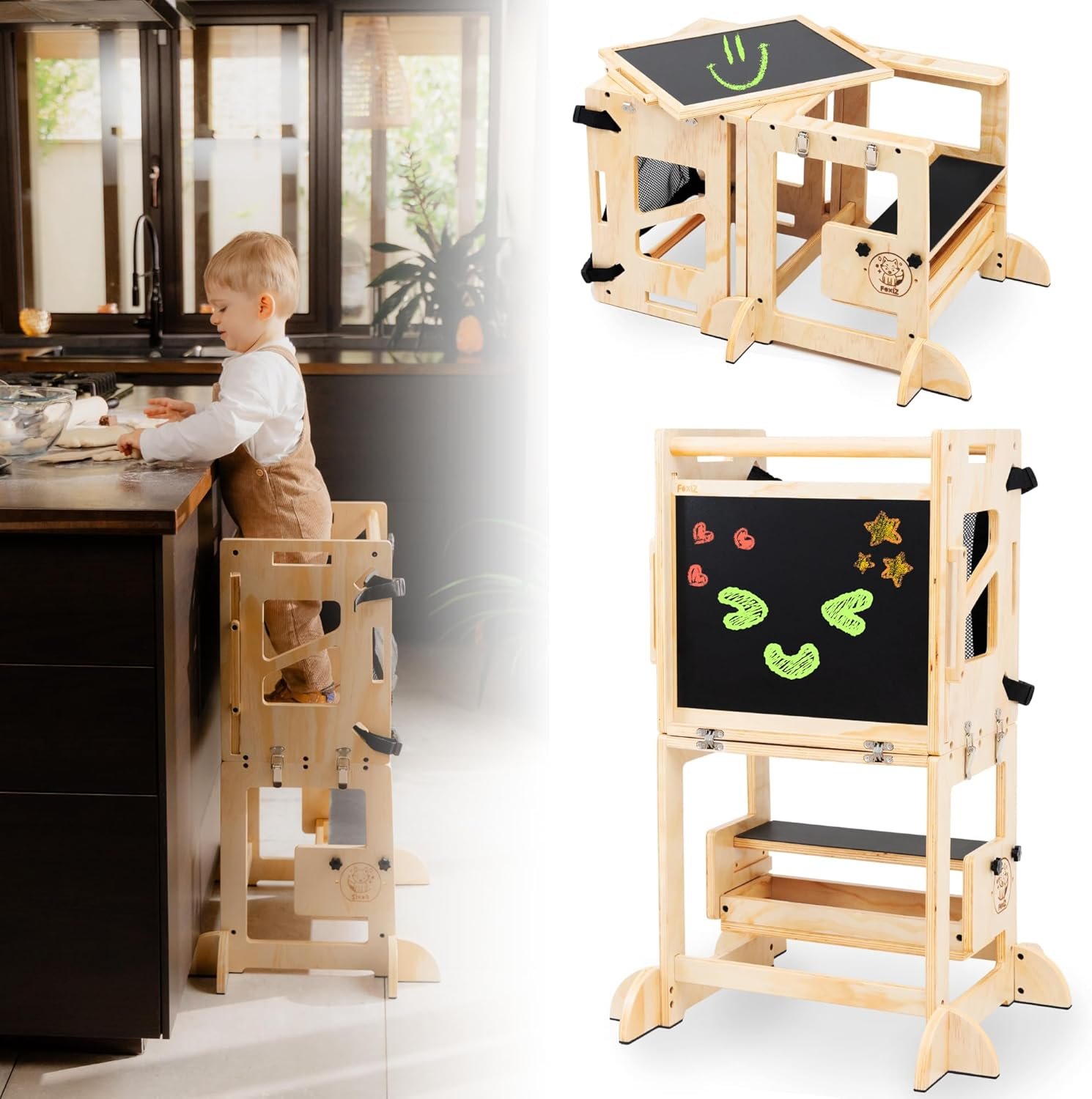 4-in-1 Foldable Toddler Tower with Safety Net, Wooden Kitchen Stool for Toddlers 18M-6Y, Montessori Learning Tower with Chalkboard, Activity Table, Adjustable Height Step Stool