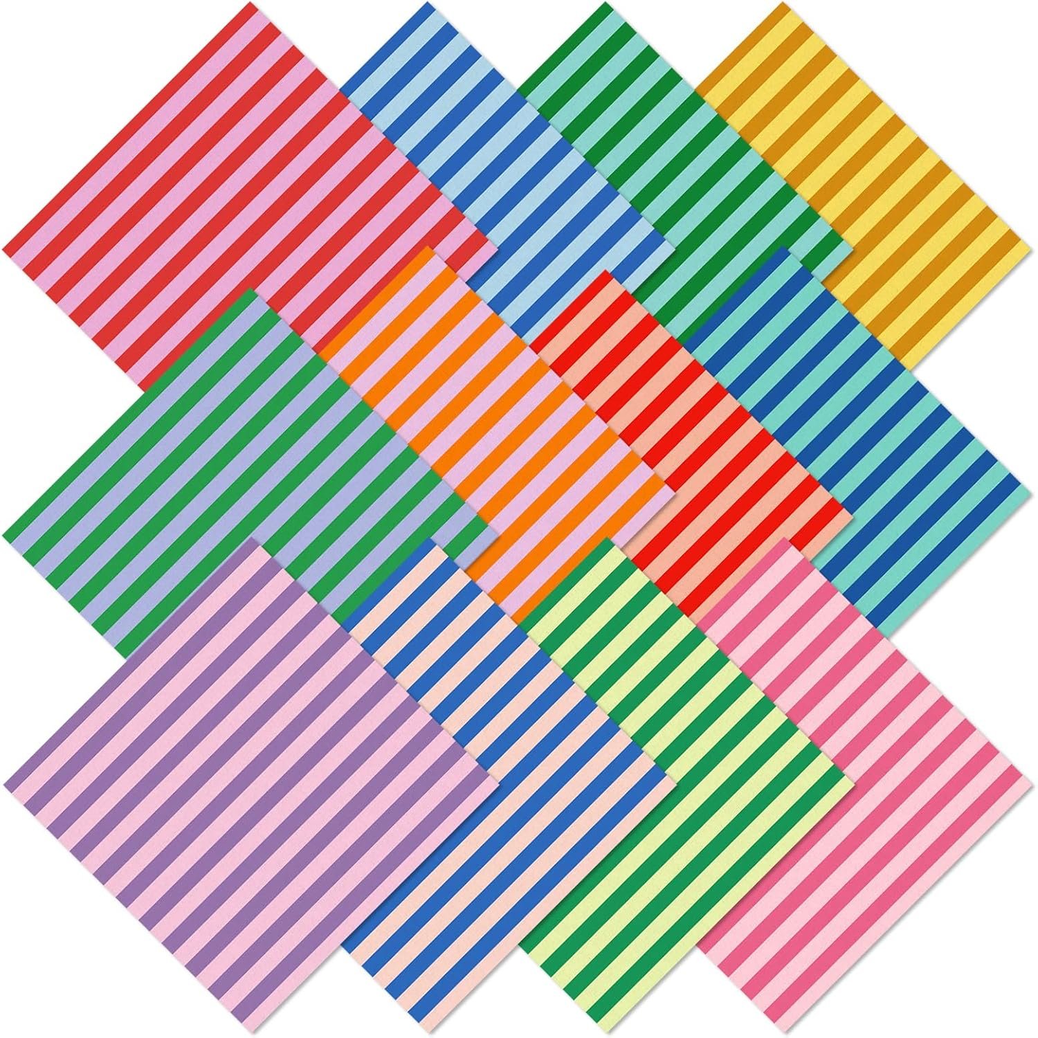 Whaline 12 Pcs Colorful Cotton Fabric Bundles Fat Quarters Multicolor Stripe Sewing Fabrics for Spring DIY Craft Party Decor, 18 x 22 Inch