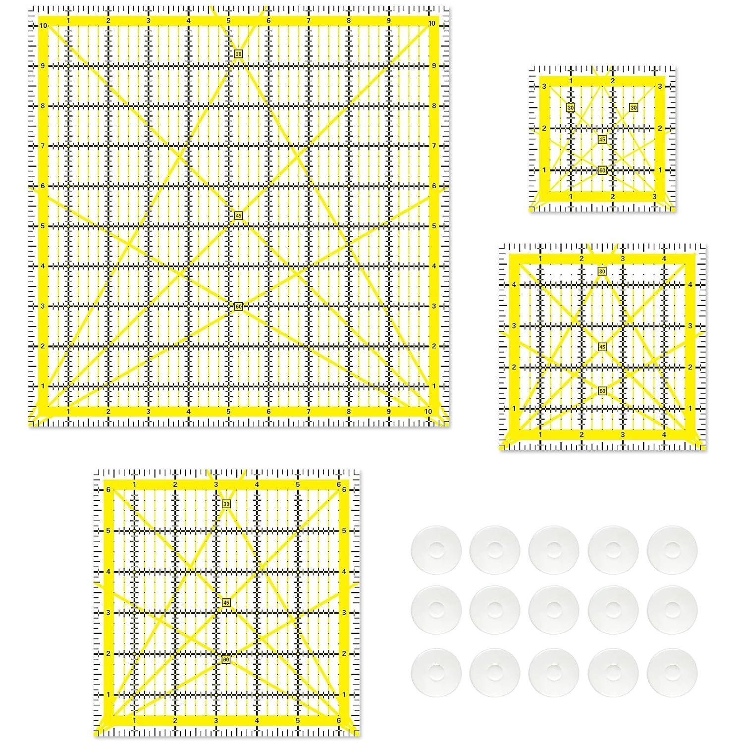 Quilting Rulers, Sewing Rulers, 4 Piece Quilting Square Templates, Acrylic Rulers with Non-Slip Rings for Sewing (3.5″X3.5″, 5″X5″, 6.5″X6.5″, 10.5″X10.5″) (Yellow)