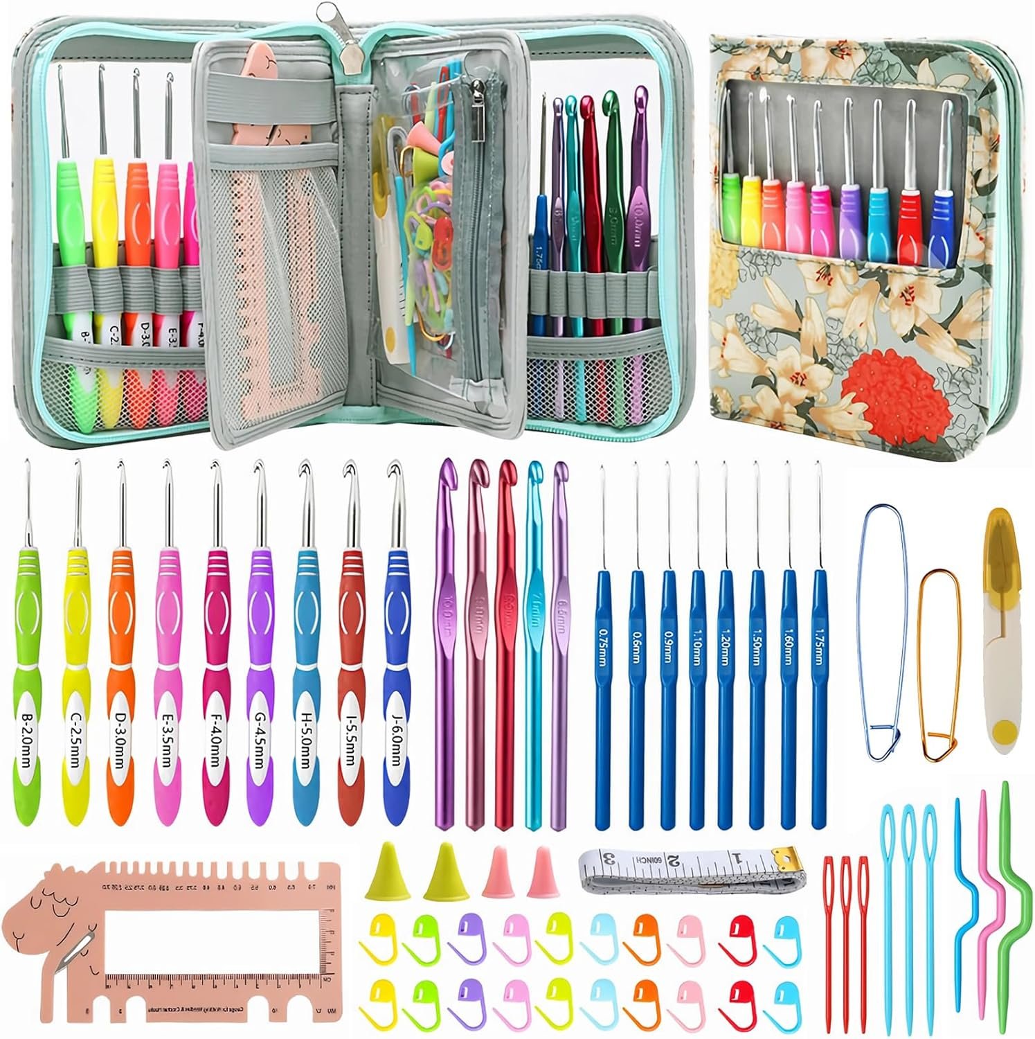 Dasonwin 60-Piece Ergonomic Crochet Hooks Set with Travel Case – Aluminum Crochet Needles Kit for Beginners & Experts, Arthritis-Friendly Design,Includes Stitch Markers & Accessories(Green)