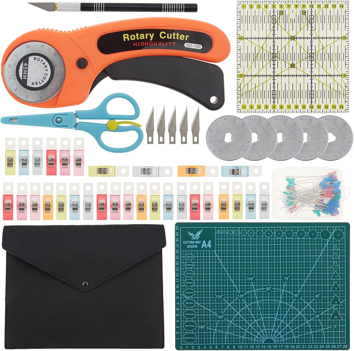 welltop Rotary Cutter Set, 96 PCS Quilting Kit 45mm Fabric Cutters Kit with 5 Extra Blades A4 Cutting Mat Acrylic Ruler Carving Knife Craft Clips Bags Full Tools for Crafting Sewing Patchworking