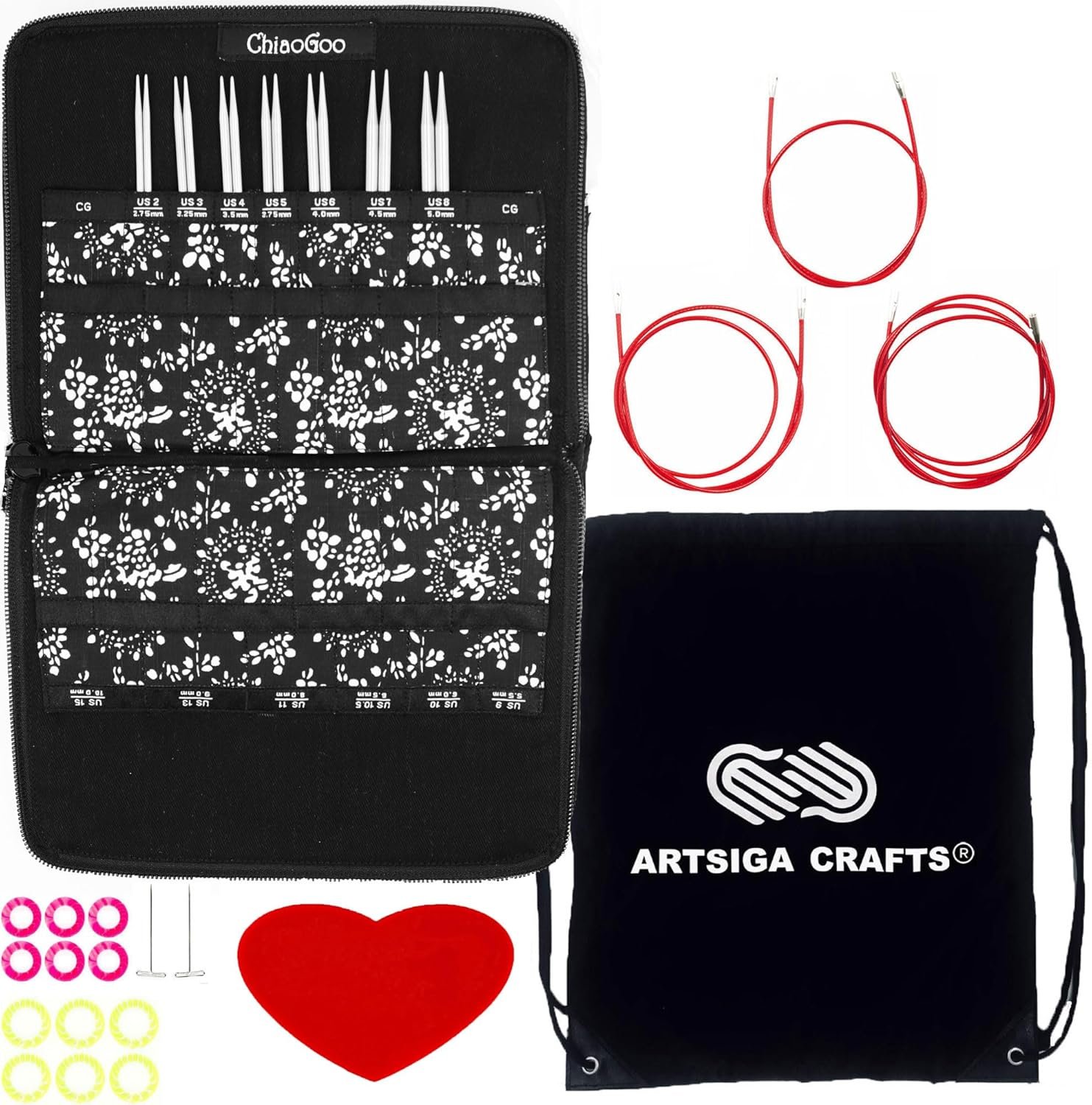 ChiaoGoo Twist Red Lace 4-Inch Small 7400-S Interchangeable Circular Knitting Needle Set, Sizes US 2, 3, 4, 5, 6, 7, 8, Stainless Steel with 4 Cords with Project Bag