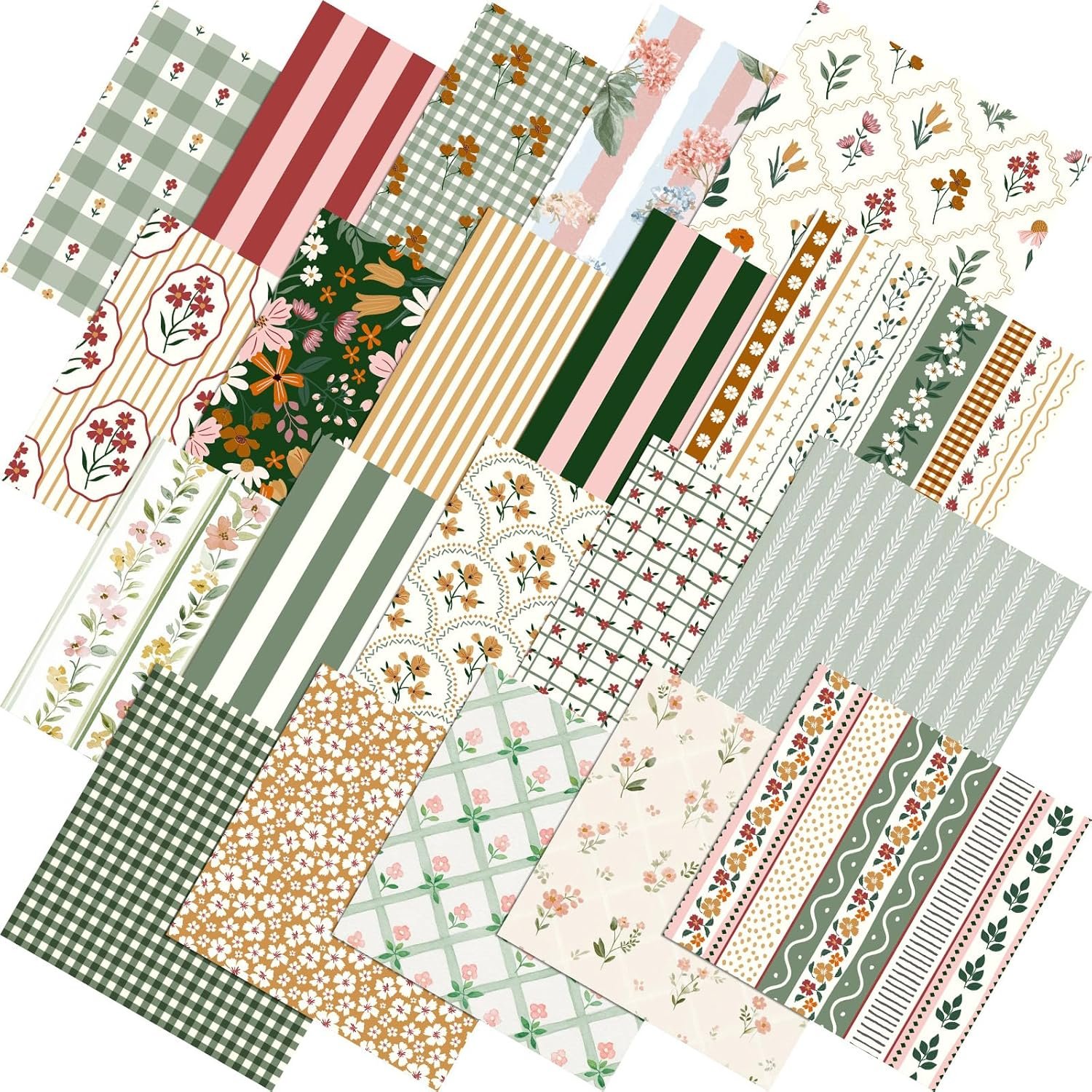 Tudomro 60 Pcs Fall Cottagecore Floral Quilting Fabric Squares 10 x 10 Inch Vintage Autumn Gingham Stripes Fabric Bundles Sage Green Red Fat Quarters Precut Patchwork Material for Quilts Sewing Crafts