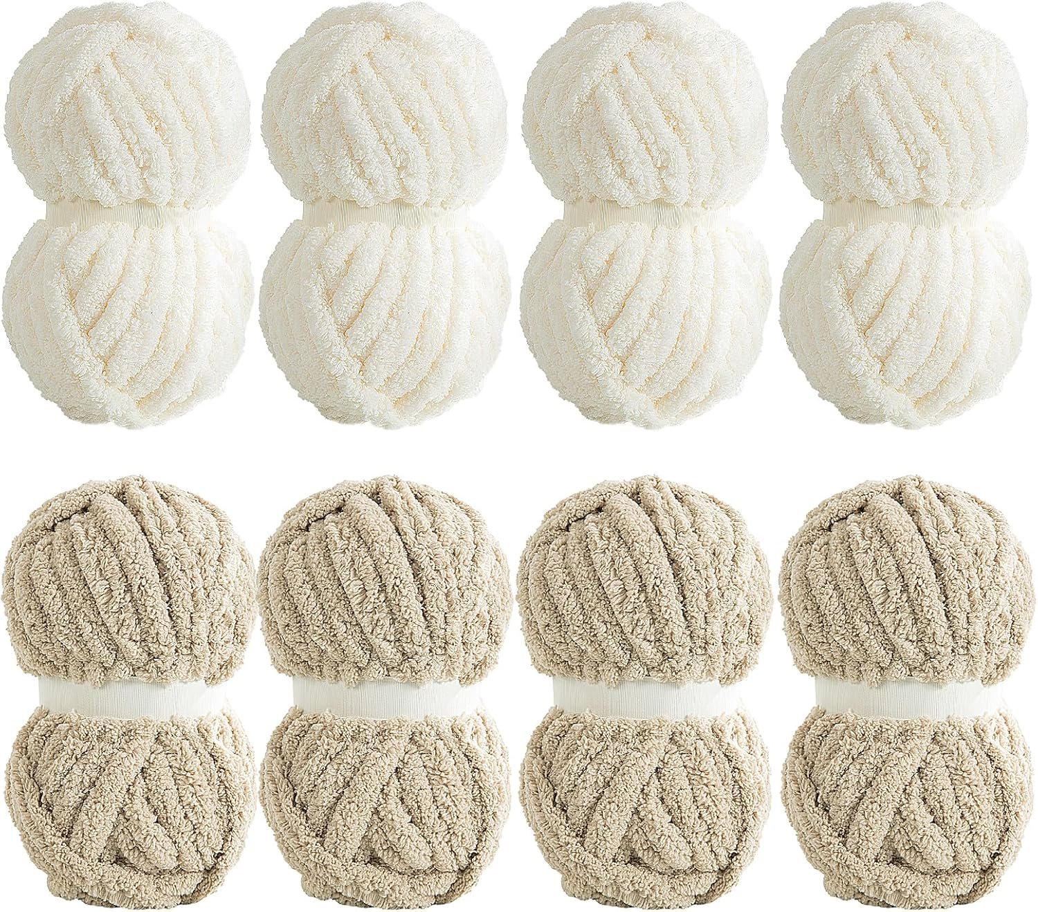 8 Pack Super Bulky Chunky Chenille Yarn for Arm Knitting, Large Thick Jumbo Yarn for Chunky Blanket, Big Fluffy Soft Plush, Jumbo Cream & Khaki