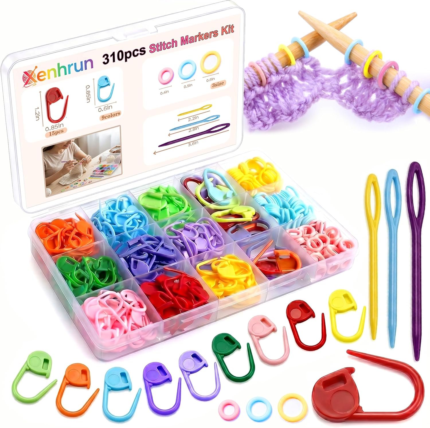 Xenhrun Crochet Stitch Markers Kit: 310pcs Large Locking Crochet Counter Clips & Marker Rings for Crocheting Knitting with Compartment Storage Box – Reusable for 1000+ 0 Snagging 1s Open & Close
