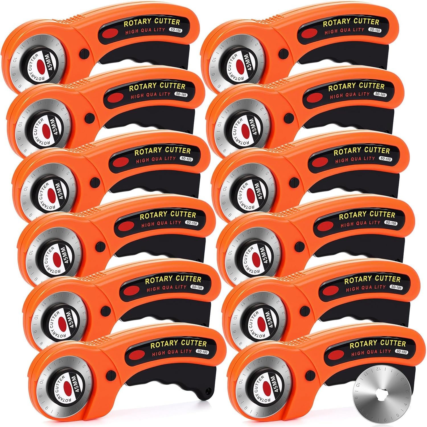 Lothee 12 Packs Stainless Steel Rotary Cutter Set, 45mm Circular Blades with Handle for Fabric, Leather, Quilting, Sewing & Crafting – 420J2 Steel and Durable ABS Plastic(Orange)