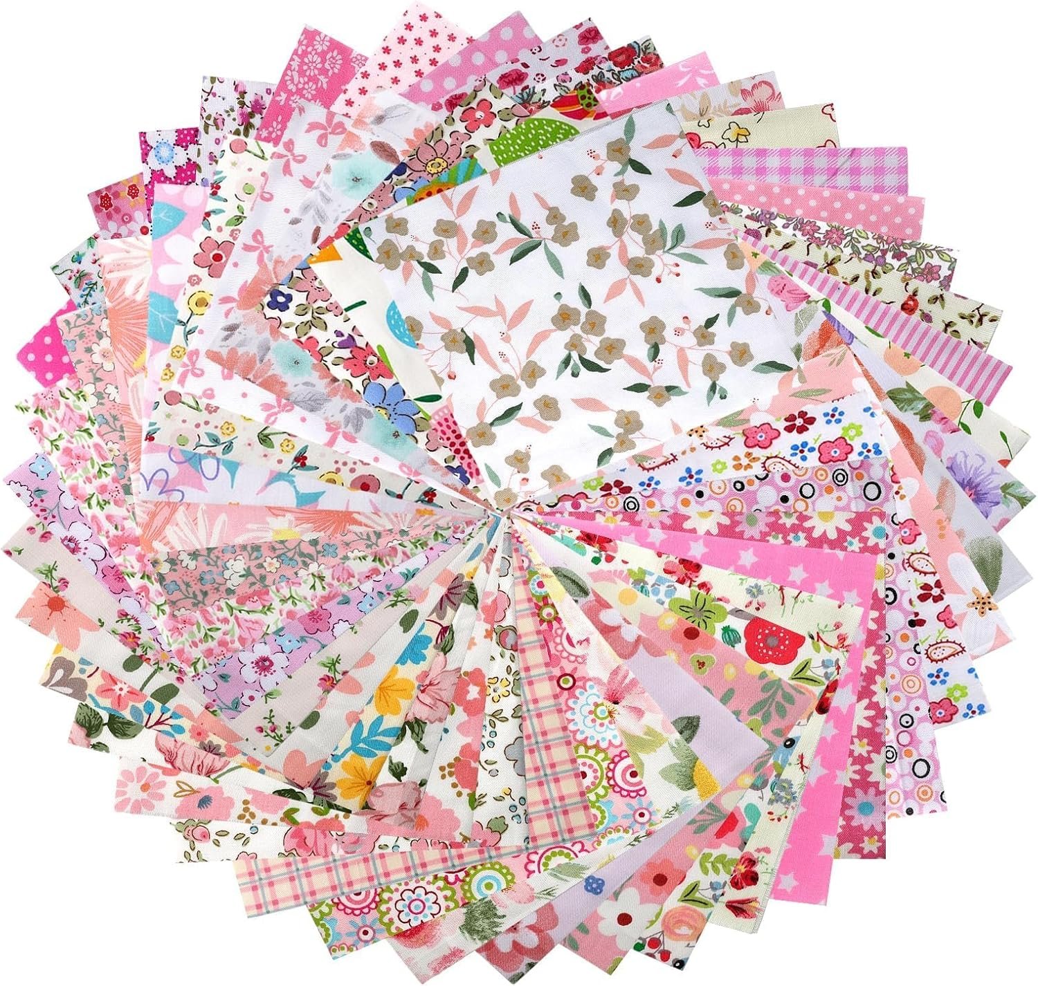 50PCS Floral Cotton Fabric Squares Random Style – Pre-Cut 5×5 Inch Pink Fabric Quilting Squares for Sewing,Charm Packs for Quilting Assorted Patterns