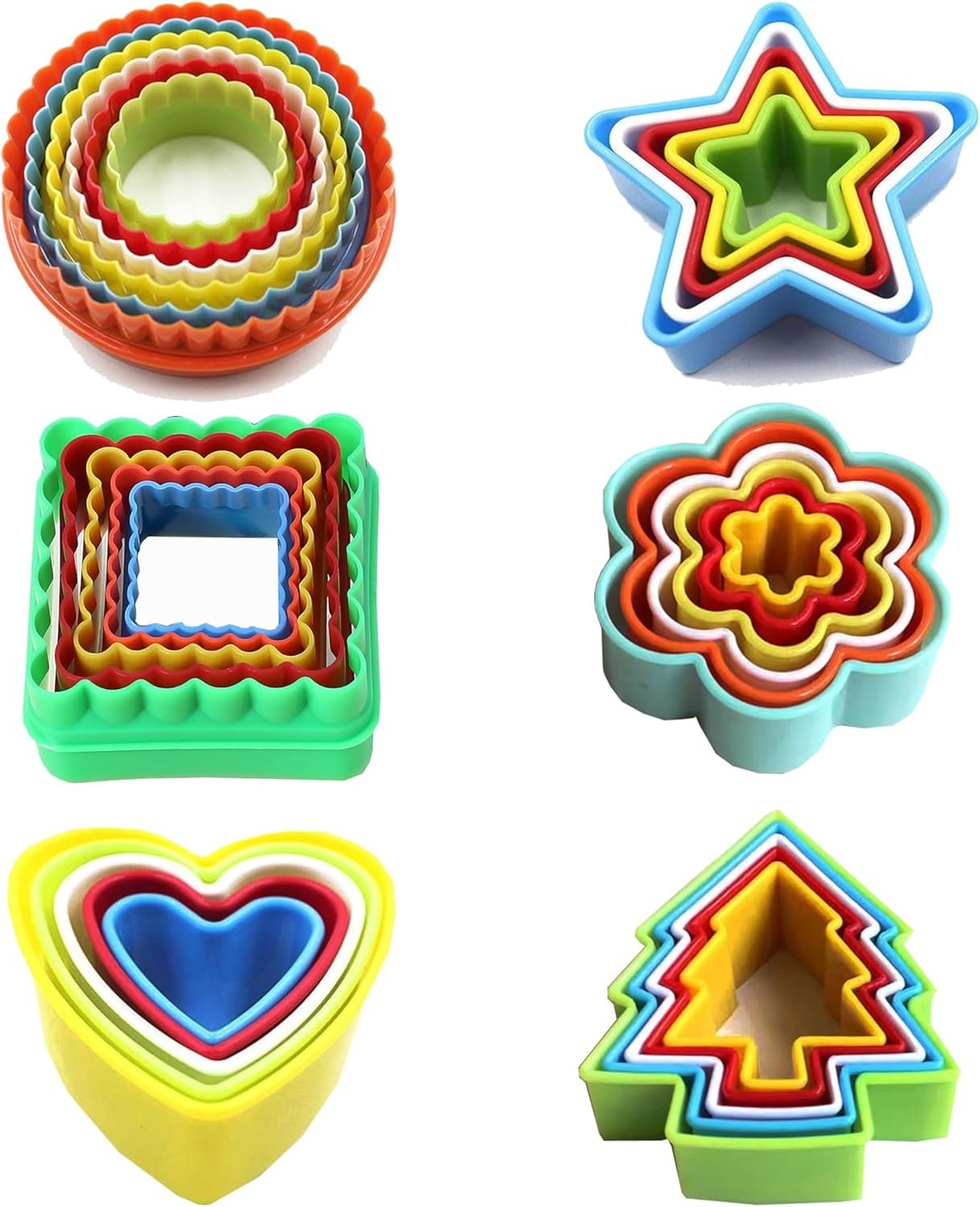 32Pcs Cookie Cutter Set, Biscuit Cutters Shapes, Multi-Size Sandwich Fondant Cake Fruit Vegetable Shapes Cutter Set,Include Square, Round, Star, Heart, Flower, Tree (6 Shapes)