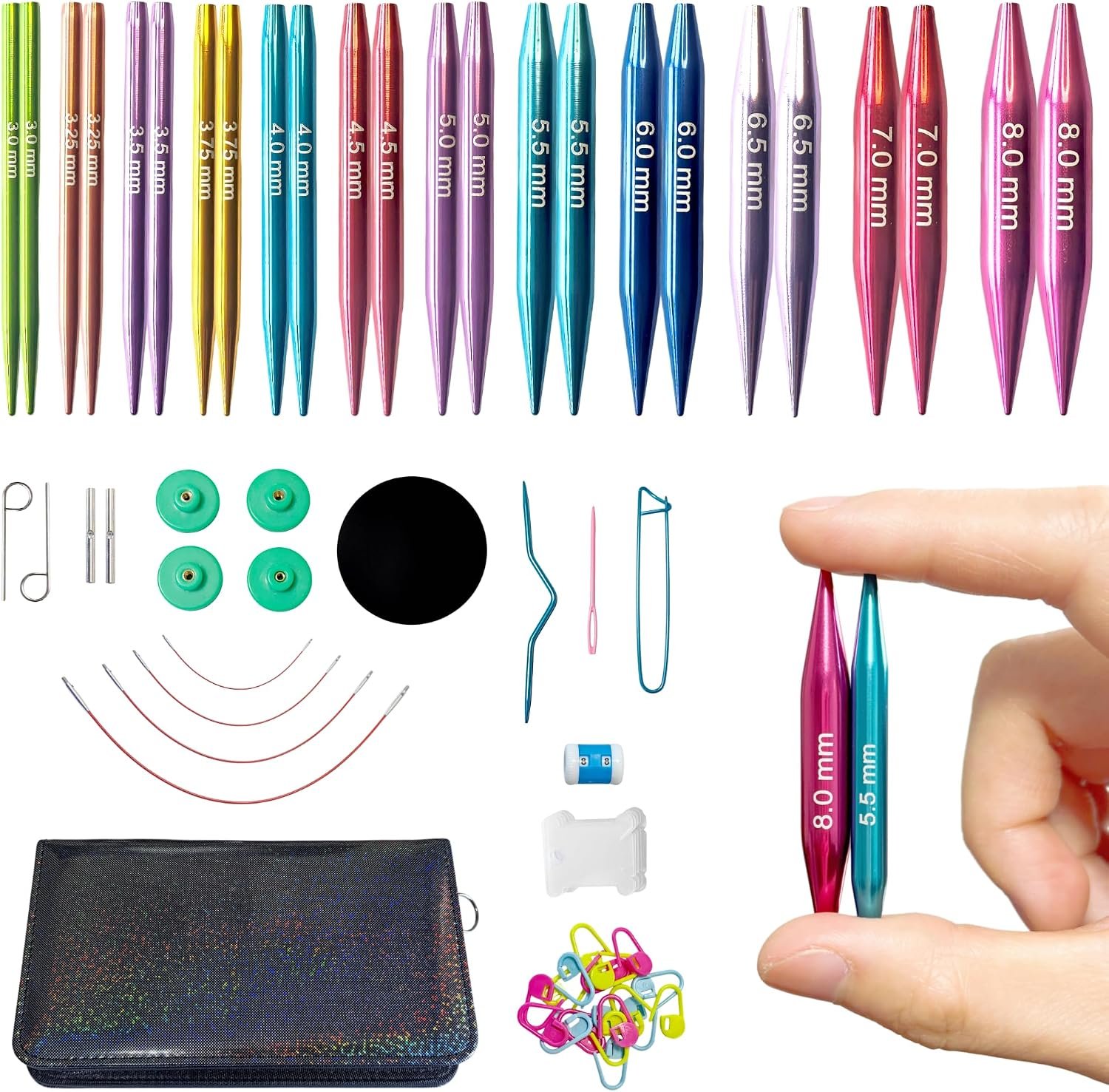 CKZLY 2 Inch Short Interchangeable Knitting Needles Set, 12 Pairs Aluminum Circular Knitting Needles US 2.5-11 with Full Knitting Kit for Sock Hat Sweater Beginners & Enthusiasts