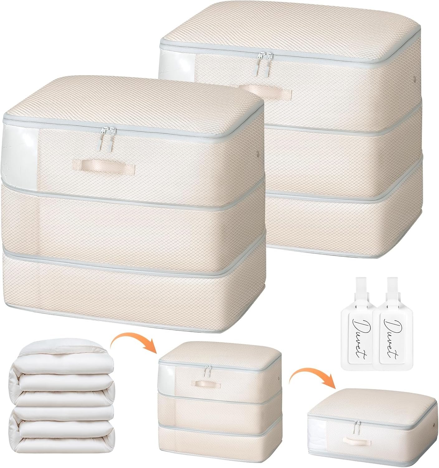 Comforter Storage Bag – Large Capacity Blanket Storage Bags 3-Layer Ultra Space Saving Self Compression Organizer, Washable Compression Bags for Storage Comforter Blanket, 2-Pack, Beige