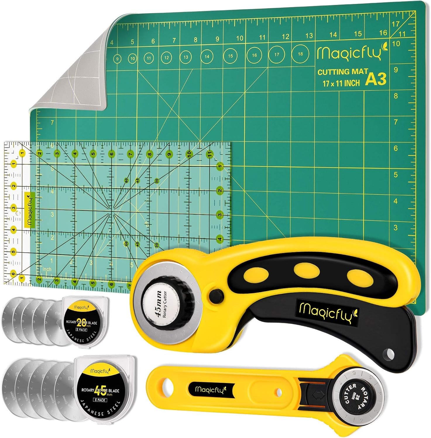 Magicfly Rotary Cutter Set, 45mm and 28mm Fabric Cutters Kit with Extra 10 Blades, A3 Double-sided Self Healing Cutting Mat, 12×6 Inch Quilting Ruler for Sewing, Fabric Cutting, Art Crafting