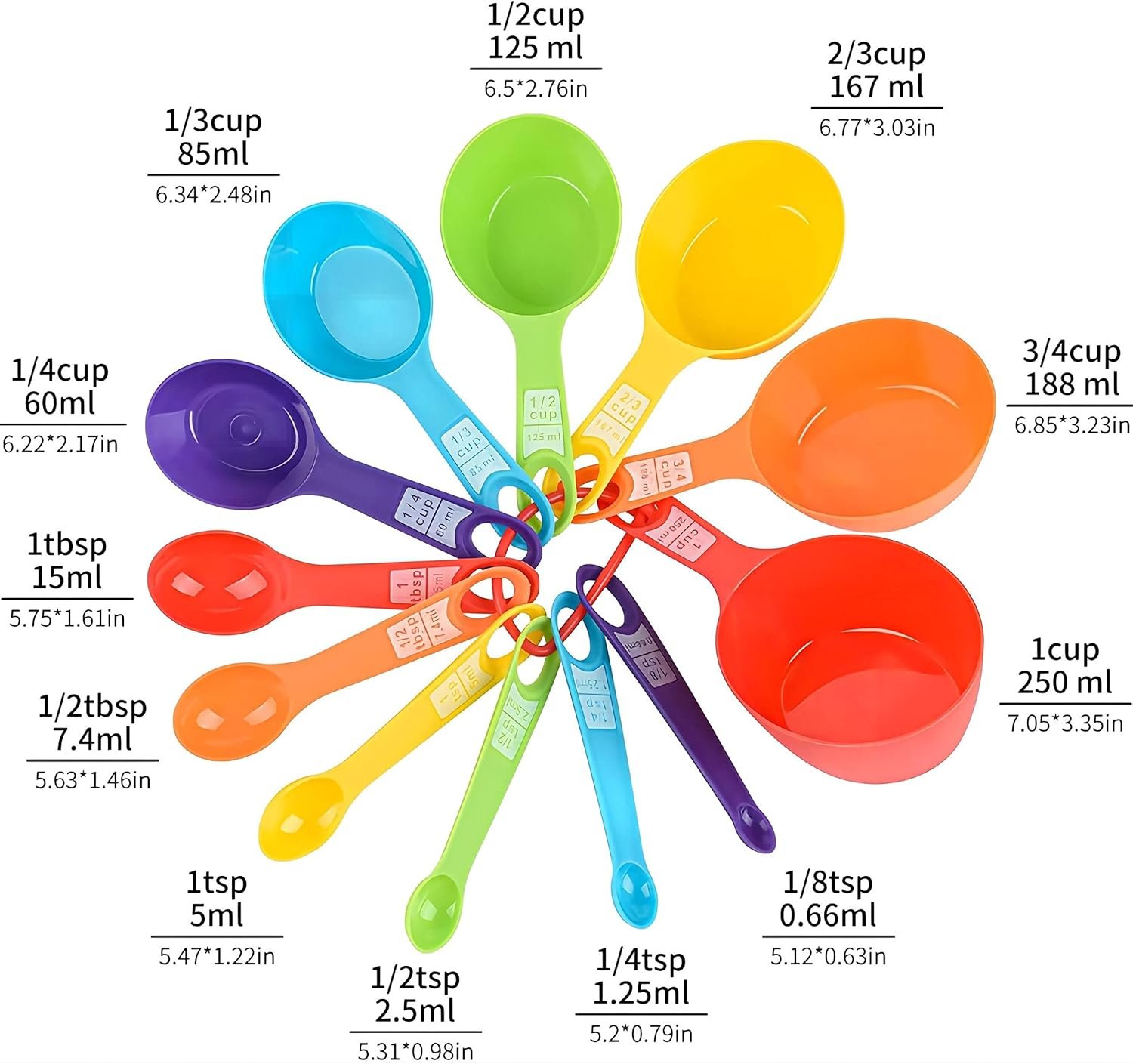 Colorful Plastic Measuring Cups and Spoons Set 12 for Kitchen & Baking, Printed Both US & Metric Letters on Handle, Plastic Measuring Cups and Spoons for Kids