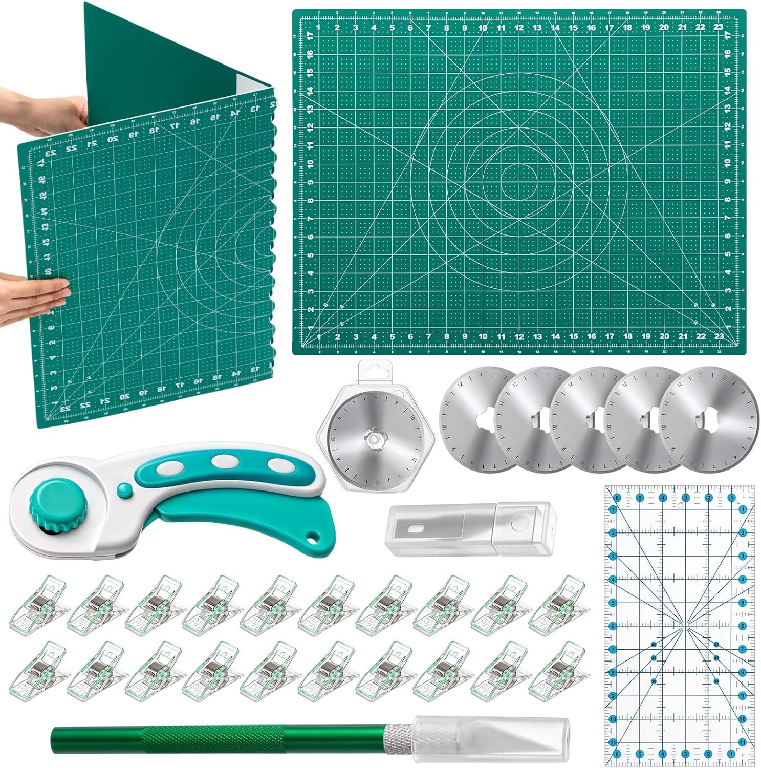 Lasnten Rotary Cutter Set 18 x 24 Inch Folding Extra Large Self Healing Cutting Mat, 45mm Fabric Cutter, 5pcs Rotary Blades, Acrylic Ruler, Knife Set for Sewing, Crafting, Patchworking, Art, Clay