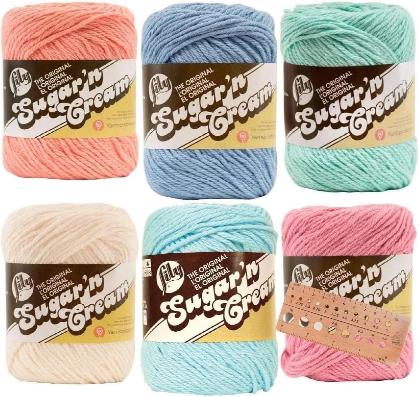 Variety Assortment Lily Sugar ‘n Cream Yarn 100% Cotton Worsted #4 Weight with Needle Gauge (Mix 241)