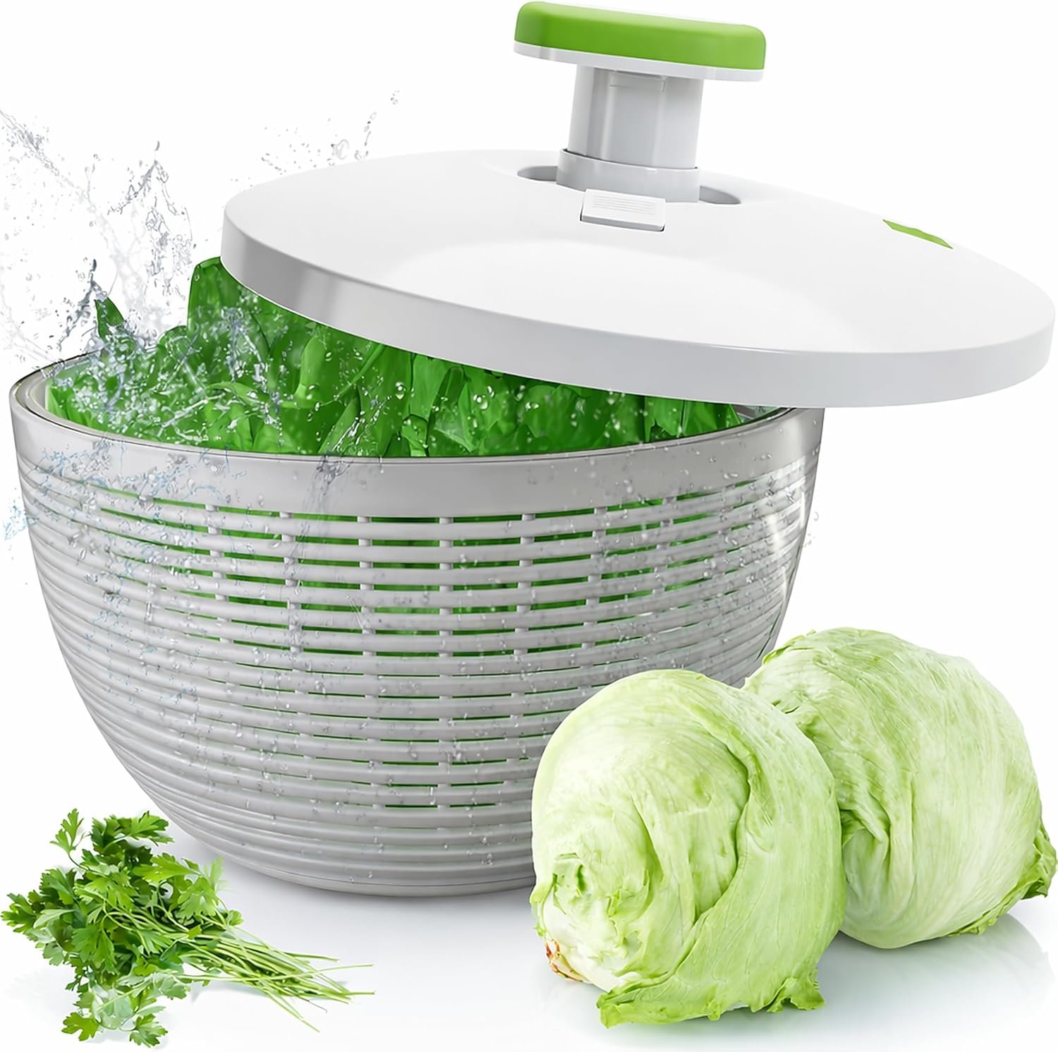 Brieftons 6.2-Quart Large Salad Spinner: Vegetable Washer Dryer Drainer Strainer with Bowl & Colander, Easy One-Handed Pump, Compact Storage, for Washing, Cleaning & Drying Greens, Vegetables, Fruits