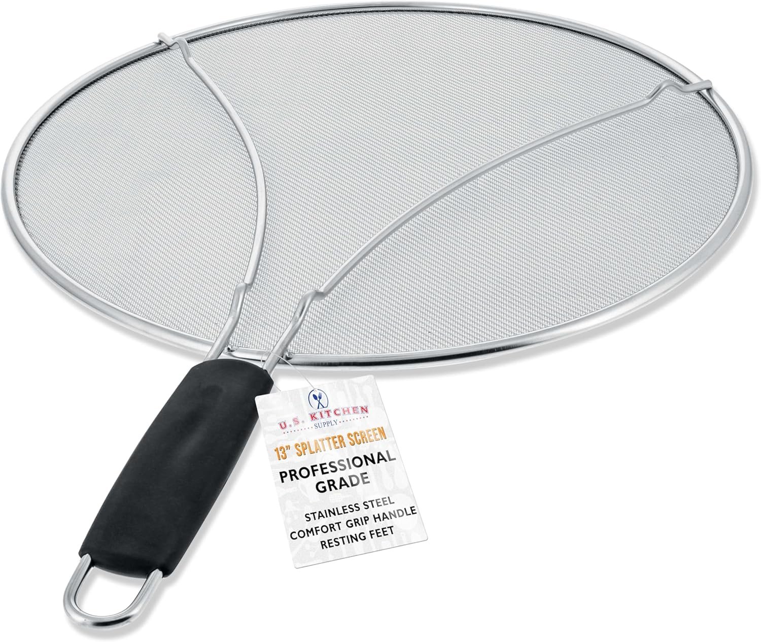U.S. Kitchen Supply Stainless Steel Splatter Guard 13″ Fine Mesh Cover, Grease & Oil, Splatter Screen for Frying Pan, Cooking Pots, with Resting Feet & Comfort Grip Handle