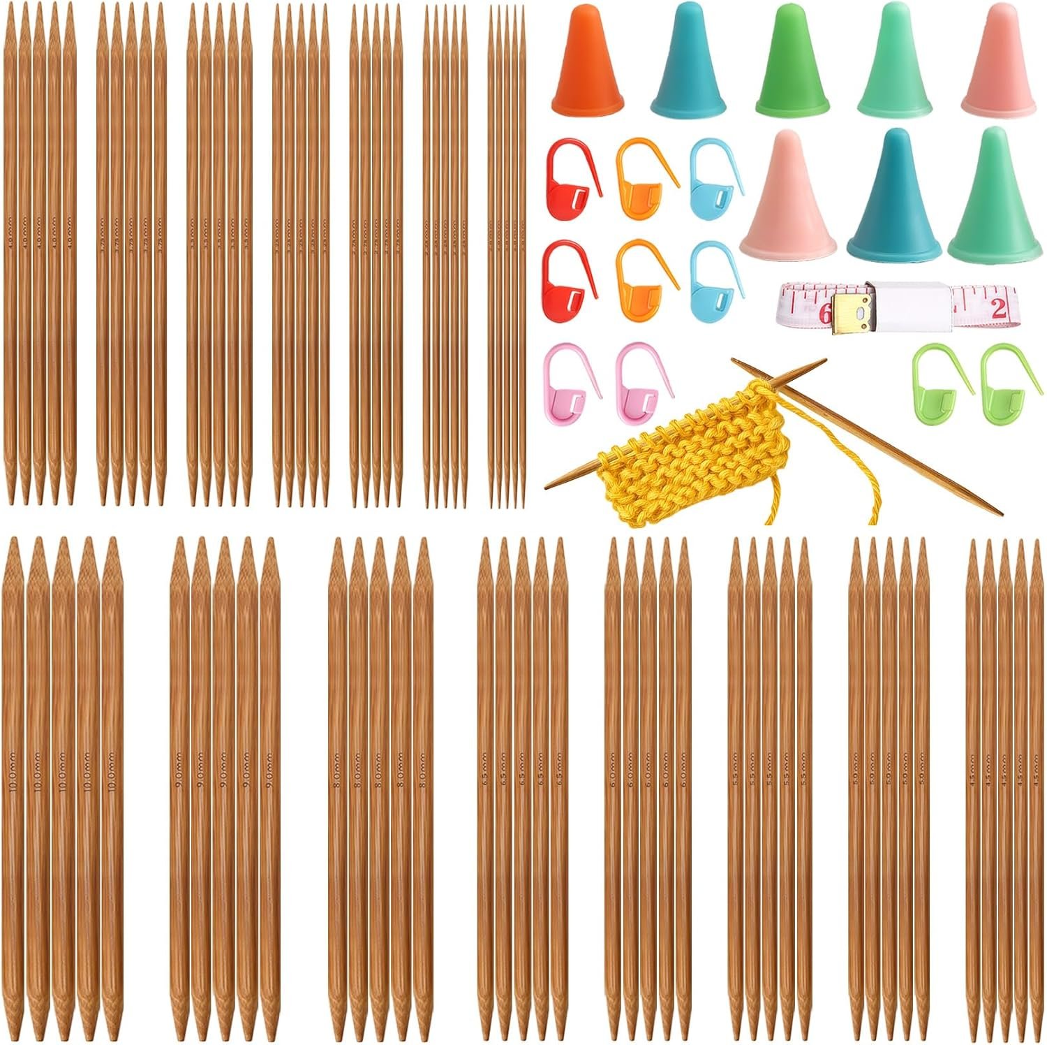 75-Piece Bamboo Double Pointed Knitting Needles Set – 15 Sizes (2.0-10.0mm) Complete Knitting Kit with Stitch Markers, Needle Caps & Tape Measure, Ideal for Beginners & Pros