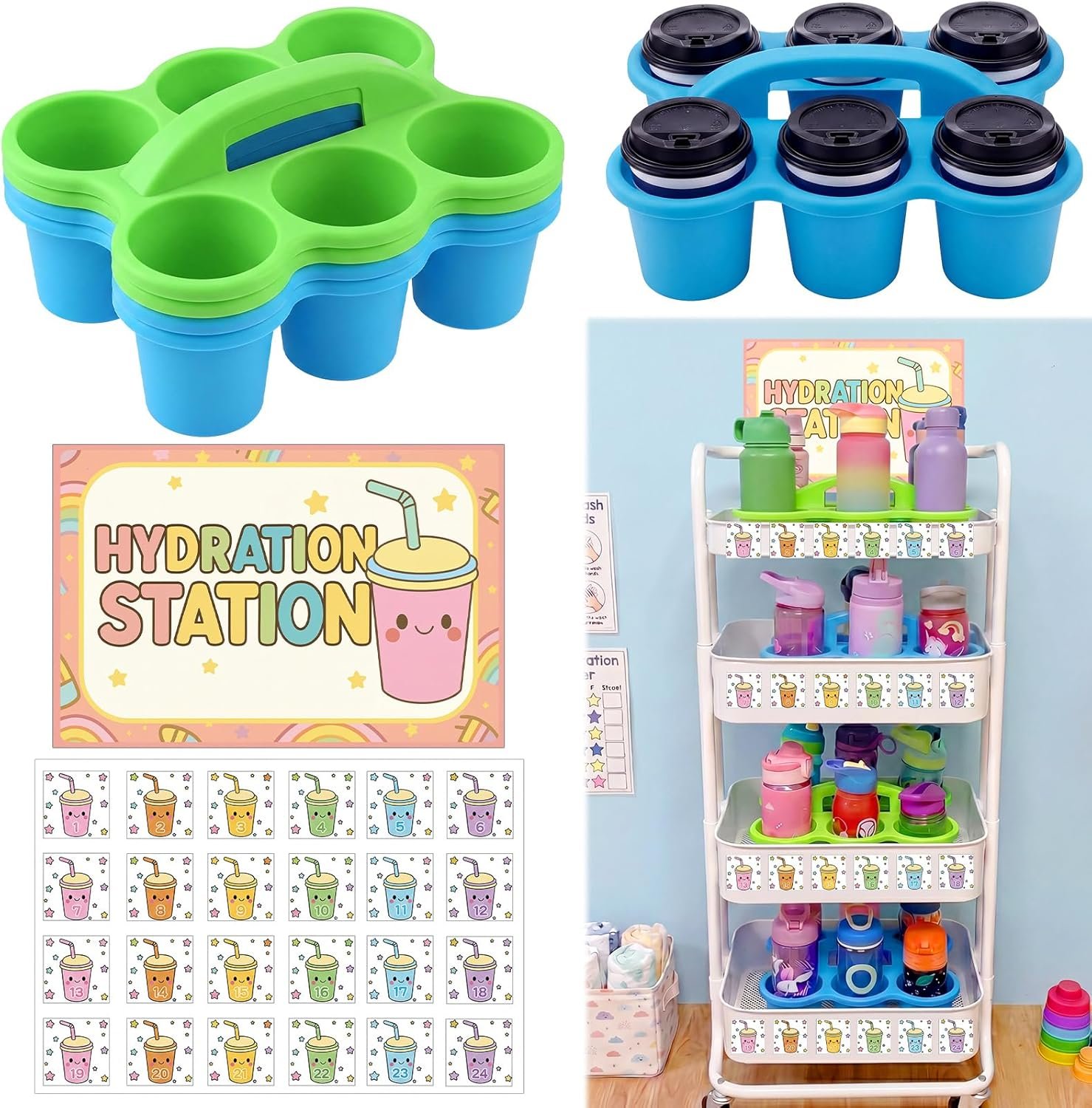 Zhehao 6 Pcs Hydration Station Set Water Bottle Organizer for Classroom 24 Holders Water Bottle Holder Plastic Cup Caddy for Back to School Drink Delivery with Stickers & Hydration Station Sign Card