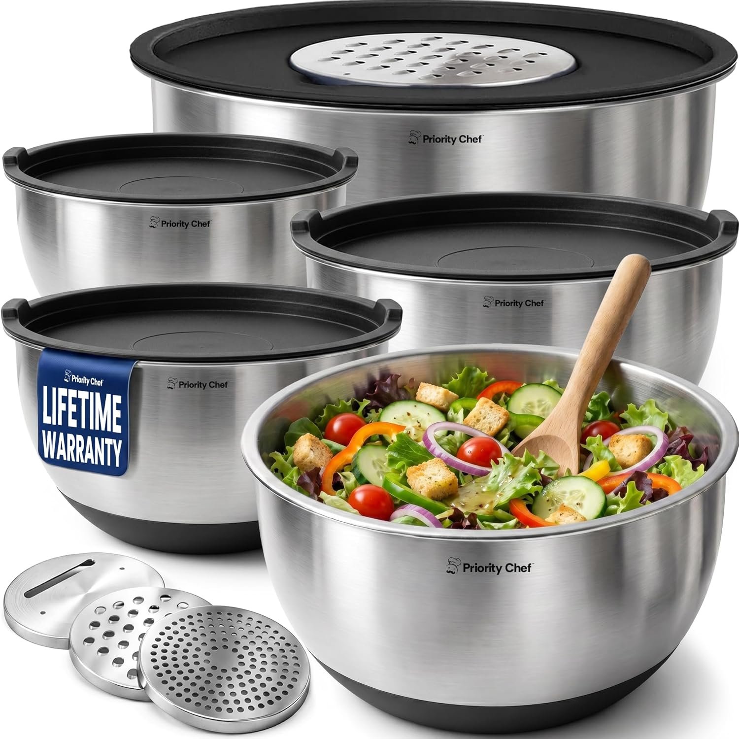 Priority Chef Stainless Steel Mixing Bowls with Lids Set, 3 Grater Attachments, Airtight Lids, Non-Slip Silicone Base Mixing Bowl Set, Large Prep Metal Mixing Bowls for Kitchen, Black