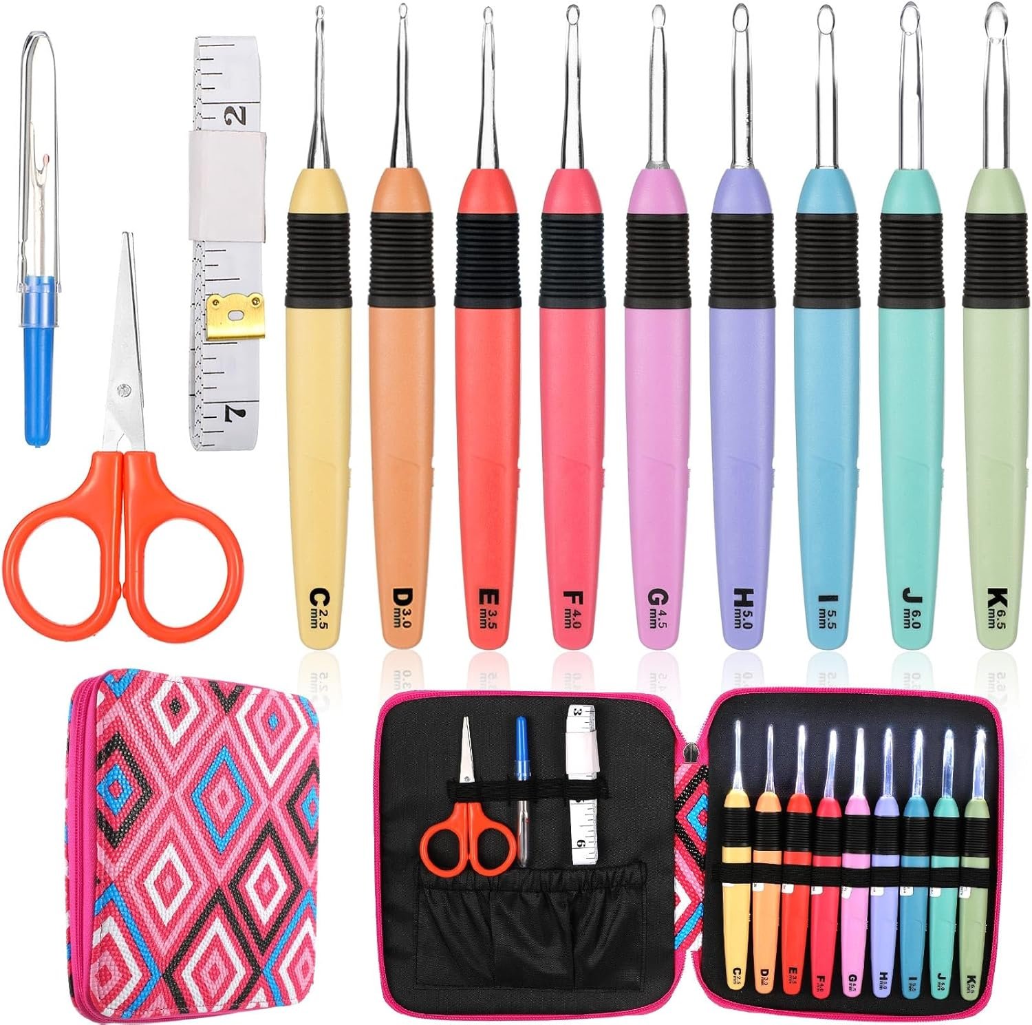Chuangdi 13 Pcs Light up Crochet Hook Set Ergonomic Crochet Hooks with Case Tape Measure, Scissors, Seam Ripper for Winter Craft Yarn Knitting Needles Sweater Hats Gloves, 2.5 Mm-6.5 mm