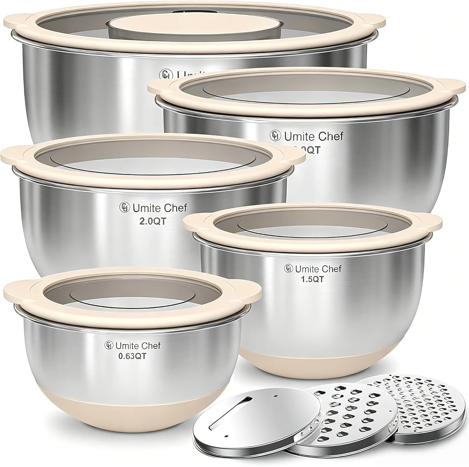 Mixing Bowles Set with Lids Set – Warp-Proof TPR-AS Lids, Stainless Steel Mixing Bowl with 3 Graters & Measuring Lines, Non-Slip Bowls for Baking, Prep, Airtight Food Storage (Khaki 5/3/2/1.5/0.63QT)