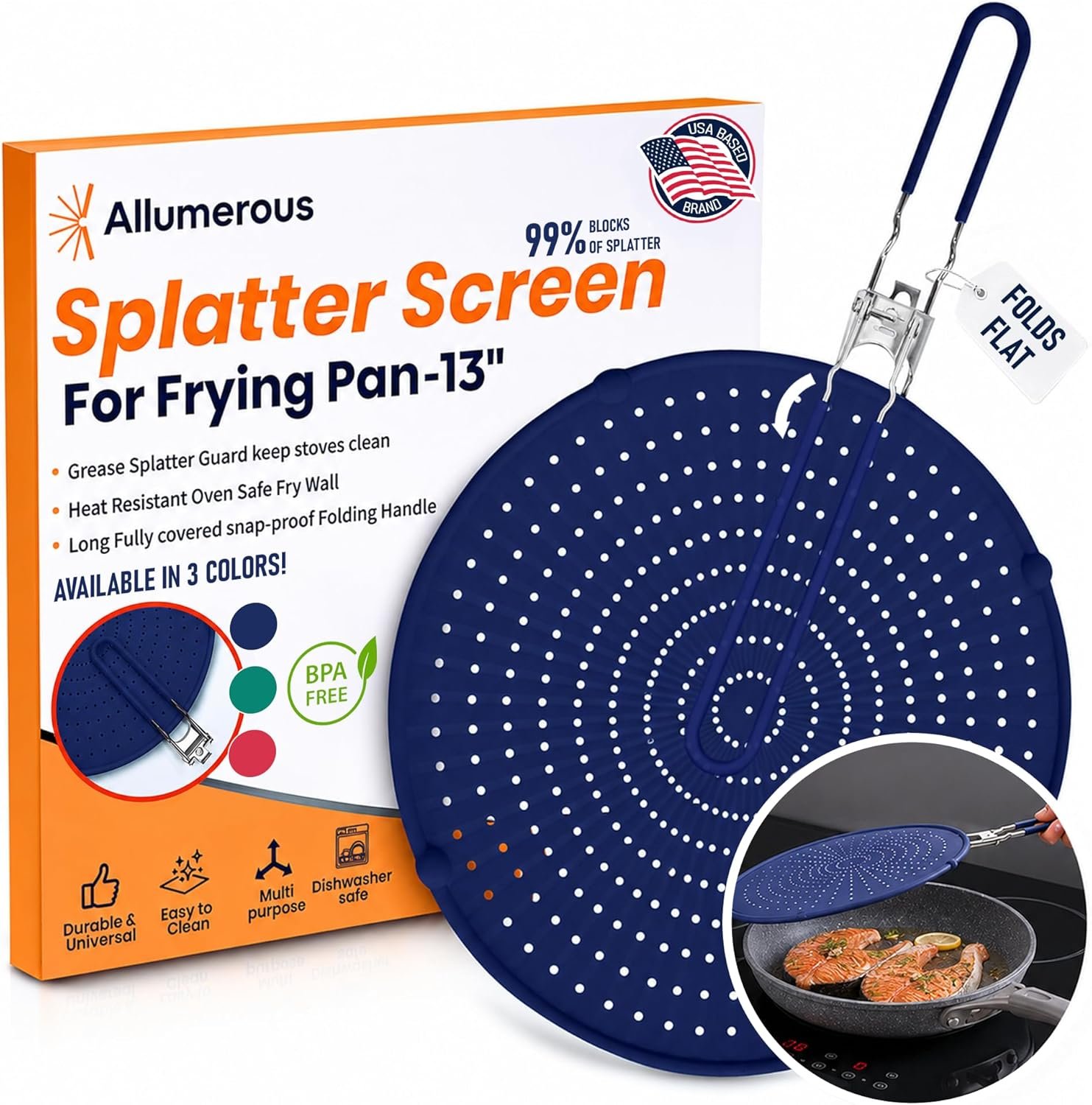 Silicone Splatter Screen for Frying Pan, 13” Navy – Grease & Oil Splatter Guard, Heat Resistant, Dishwasher Safe, Foldable Handle with Sleeves – Splash Guard Fits 10–12” Pans, Most 13” Skillets