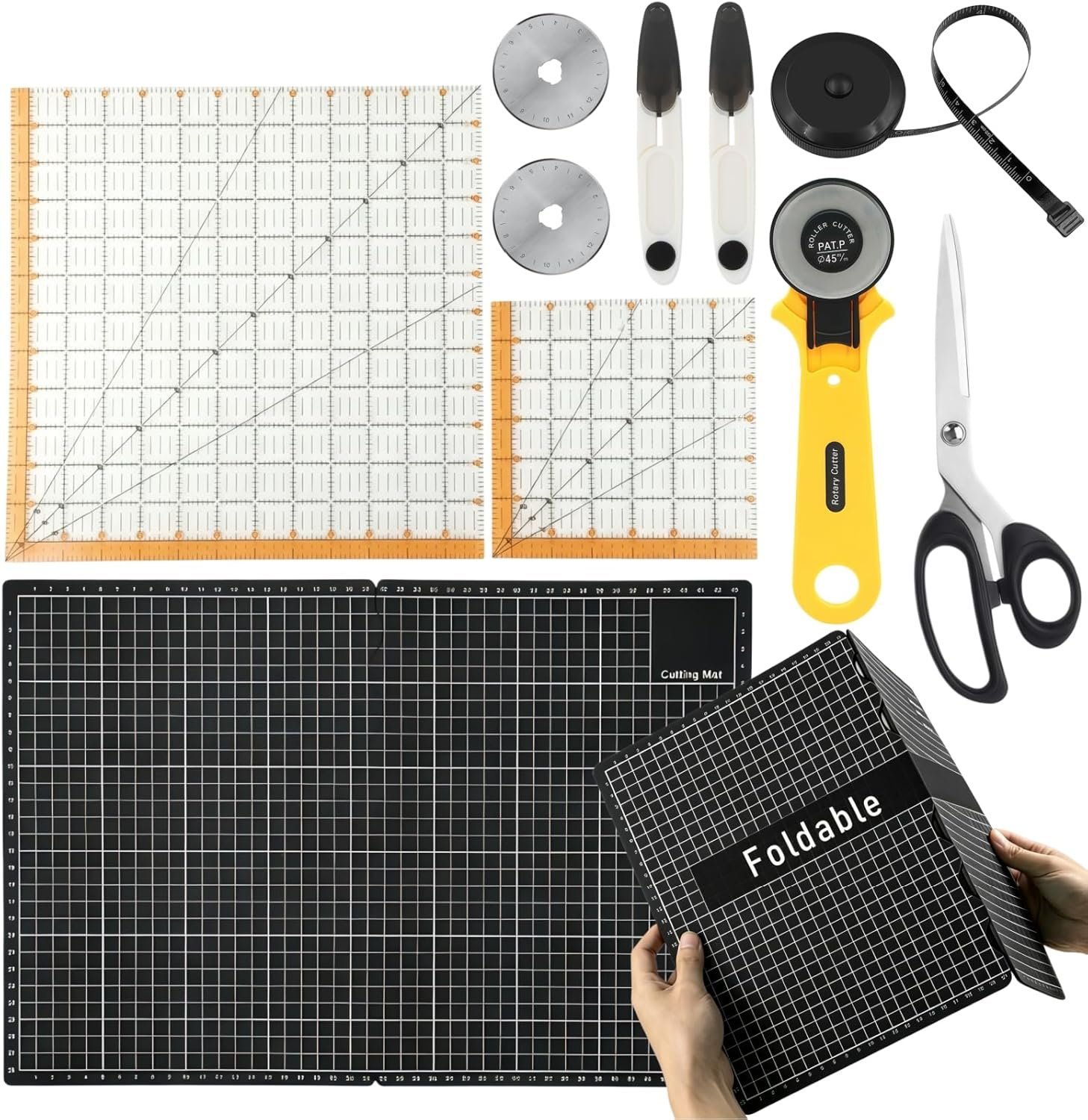 Rotary Cutter Set – 45mm Fabric Cutter with A3 Self-Healing Cutting Mat, 2 Extra Blades, Acrylic Sewing Rulers, Sewing Scissors, Craft Knife – Complete Kit for Sewing, Quilting, Patchwork, Crafting