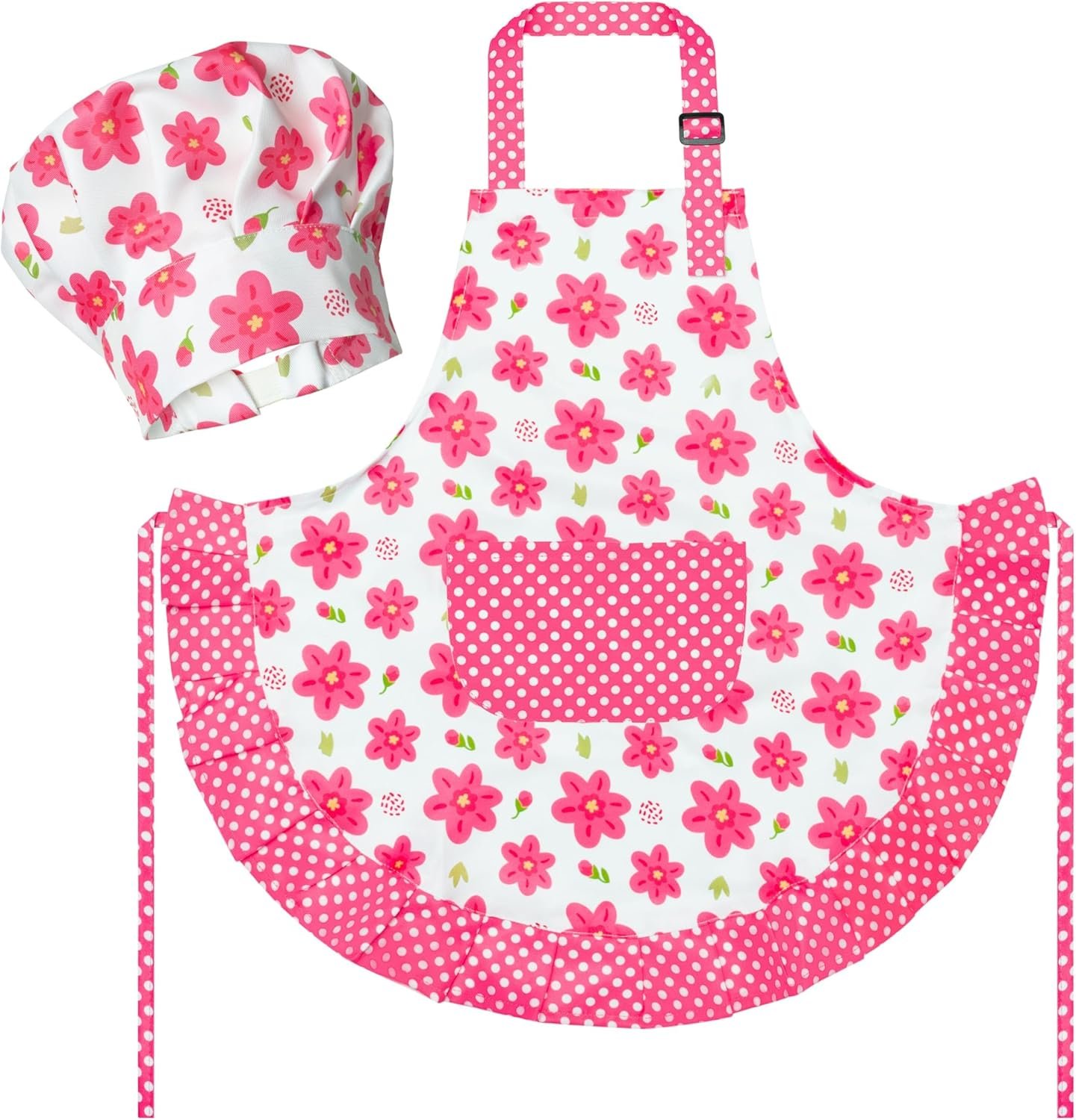 R HORSE Kid Apron and Chef Hat Set – 2Pcs Adjustable Children Pink Flower Kitchen Toddler Apron for Girls, Role Play Chef Toy Cooking Baking Painting and Training Kits Kid Funny Cooking Birthday Gift