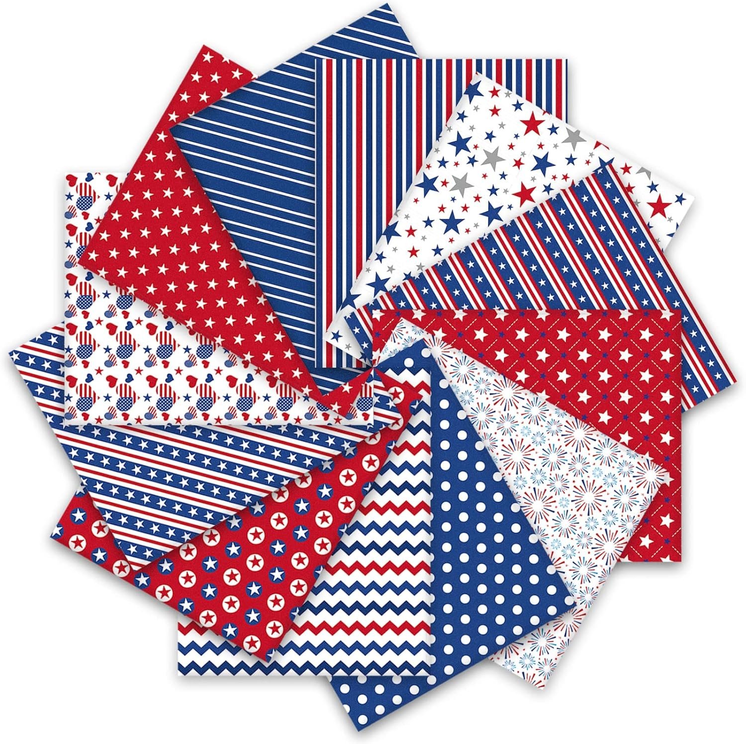 Whaline 12Pcs Patriotic Cotton Fabric Bundles 18 x 22 Inch Star Firework Fat Quarters 4th of July Quilting Patchwork Squares Independence Day Sewing Fabrics for 250th Anniversary DIY Craft Party Decor
