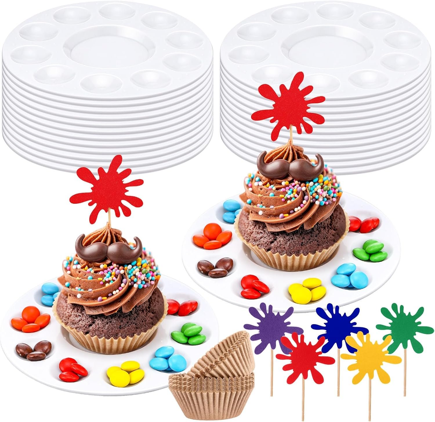 Zhehao 24 Sets Art Birthday Party Decorating Plates for Cupcake Decorations Cupcake Plates with Art Cake Topper for Dessert Sprinkles Painting Party Supplies Spring Back to School