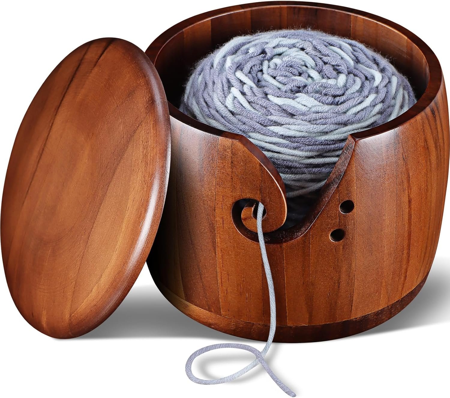 Foxyoo Yarn Bowl for Crocheting – 7x5in Large Wood Knitting Bowl with Lid, Crochet Accessories and Knitting Gadgets Supplies