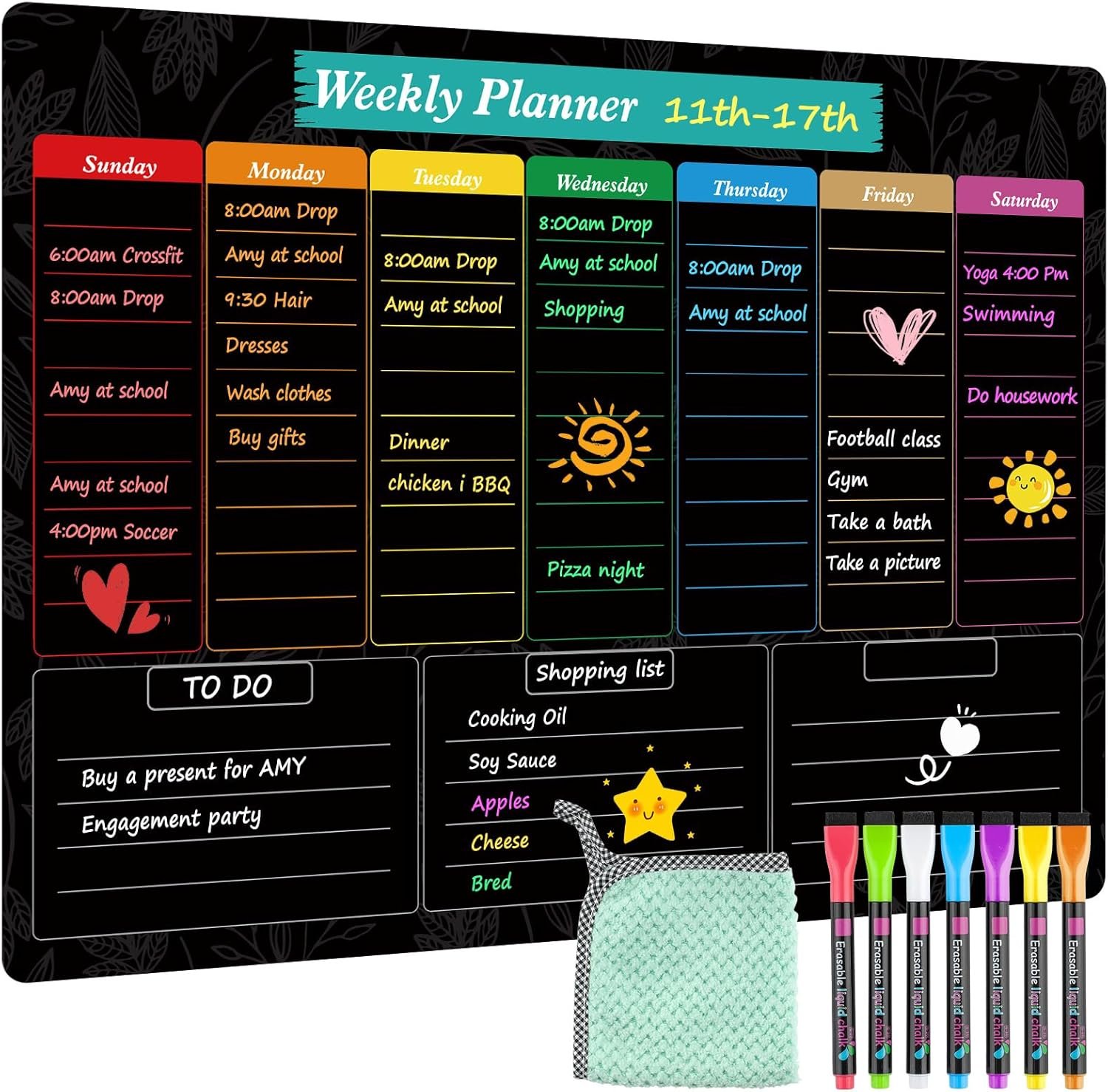 MaxGear Black Weekly Dry Erase Board,16″x12″ Magnetic Whiteboard Meal Planner Blackboard for Fridge, Chalkboard Calendar Menu Planning Board Notepad for Kitchen with 7 Markers and 1 Eraser