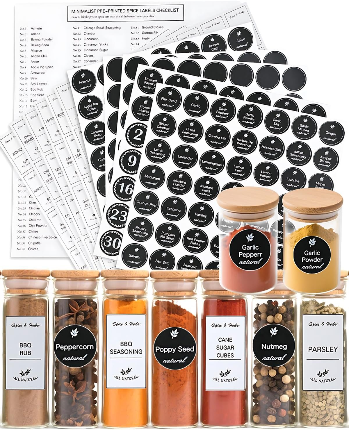 388 Pcs Spice Jar Labels Set- Stickers Waterproof Preprinted Pantry Labels with Blank Label, Black & White Stickers for Kitchen Jars Food Containers Spice Organizers Storage Bins