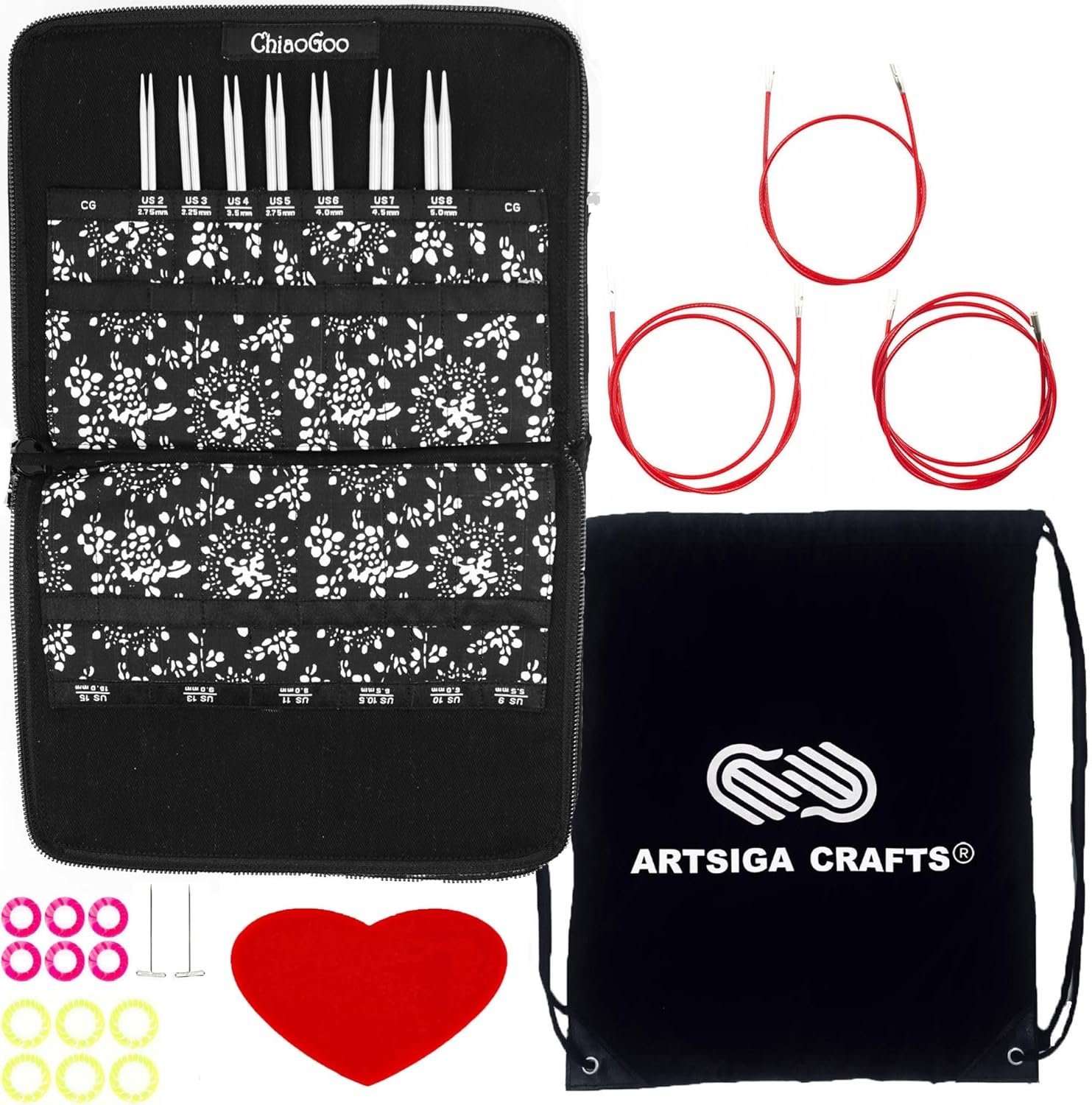 ChiaoGoo Twist Red Lace 5-Inch Small 7500-S Interchangeable Circular Knitting Needle Set, Sizes US 2, 3, 4, 5, 6, 7, 8, Stainless Steel with 3 Cords with Project Bag