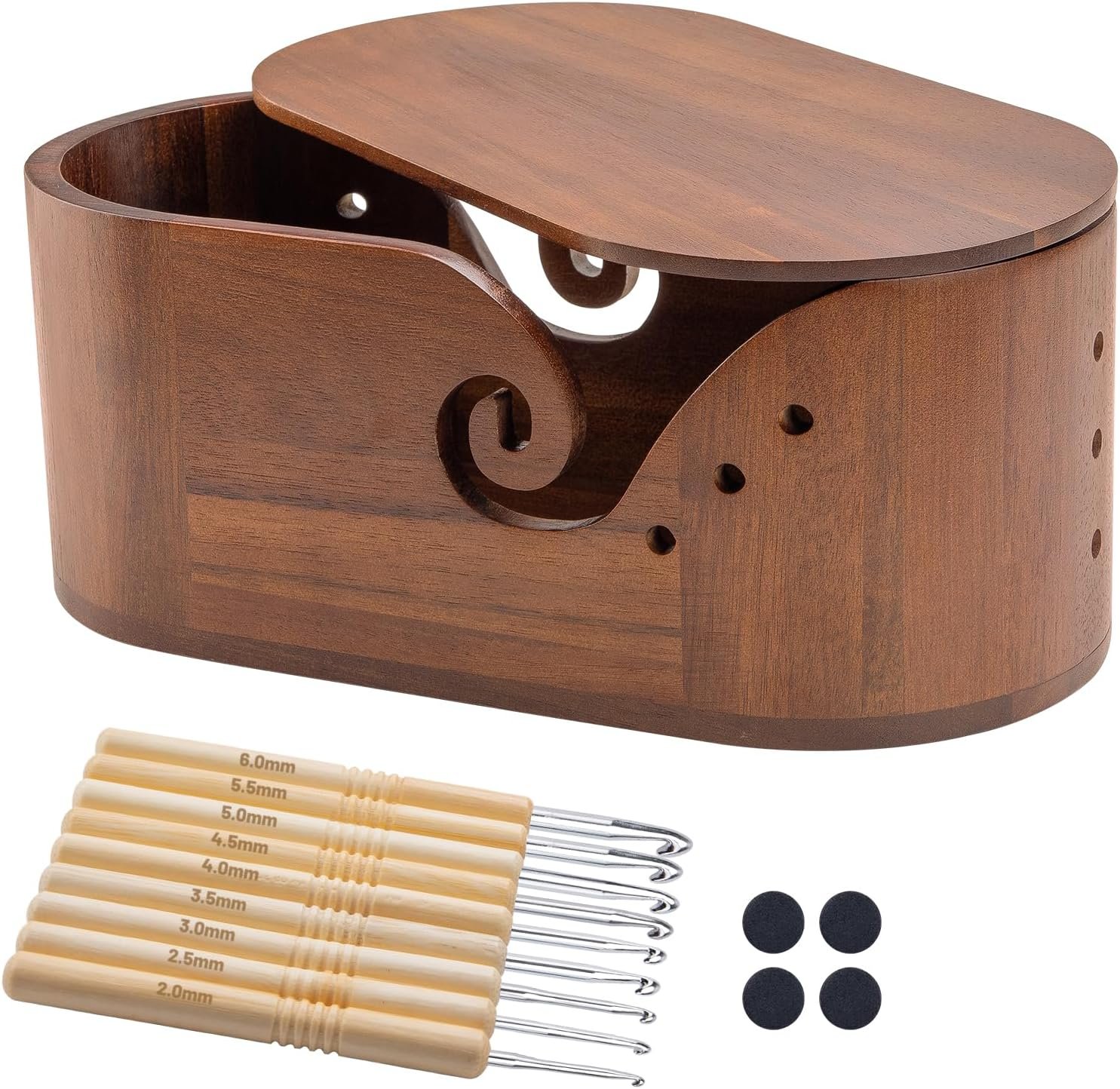 Oval Wooden Yarn Bowl for Crocheting, Large Crochet Yarn Holder, Handmade Crochet Bowls with Lid and 9pcs Knitting Hooks, Yarn Storage Organizer for Crocheting and Knitting Lovers