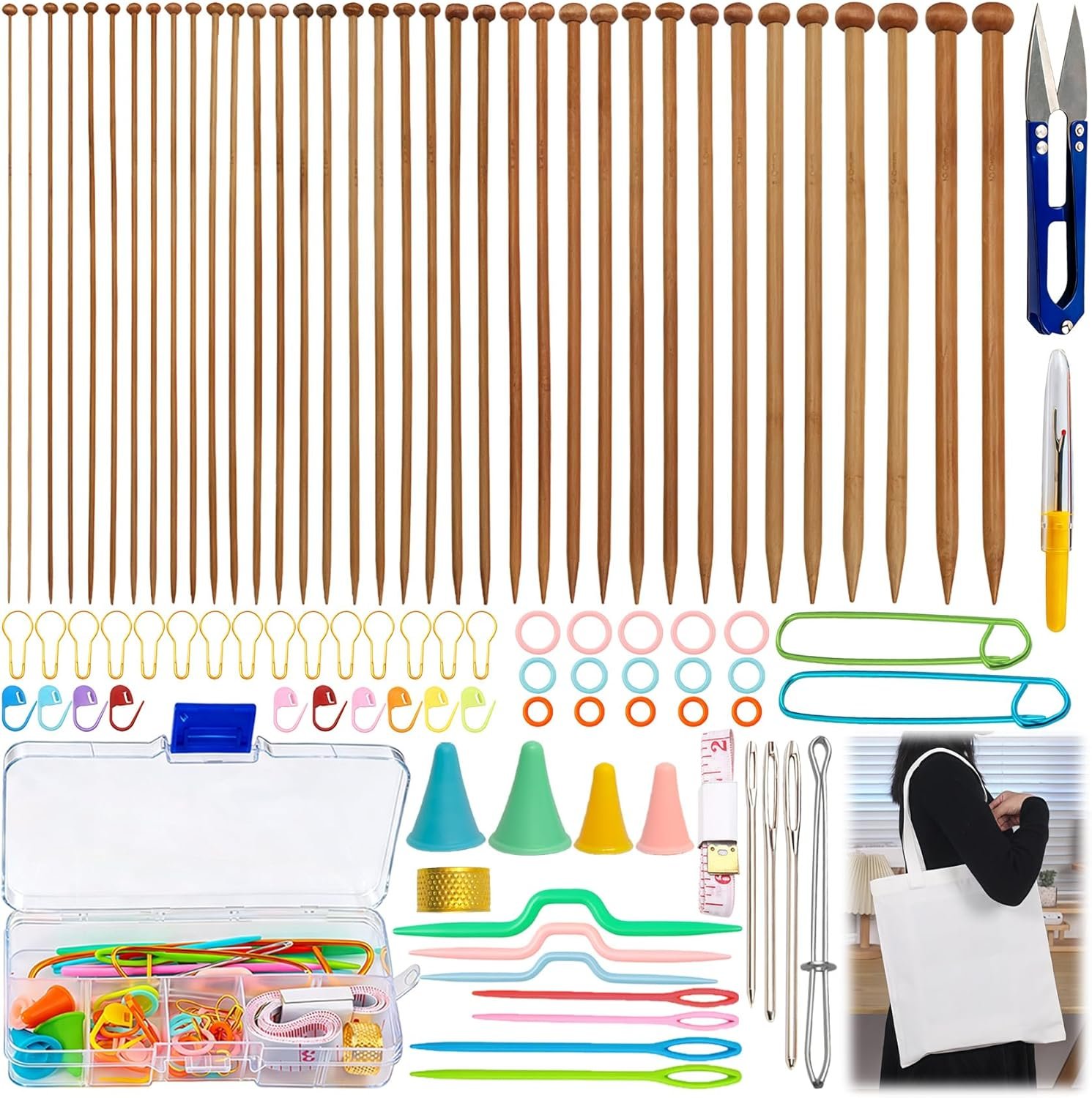 Bamboo Knitting Needles Set – 18 Pairs Wooden Knitting Needles for Beginners Complete Smooth Knitting Kit with Storage Bag (2.0-10.0mm) for Sweater Shawl Scarf DIY Craft
