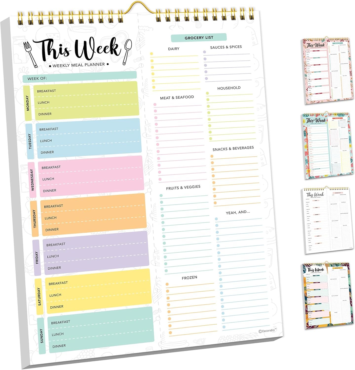 Decorably 52 Sheets Pastel Undated Magnetic Weekly Meal Planner and Grocery List Notepad with 4 Strong Magnets – 8.5x11in Spring-Bound, Refrigerator Mountable, Easy Tear-Off Design