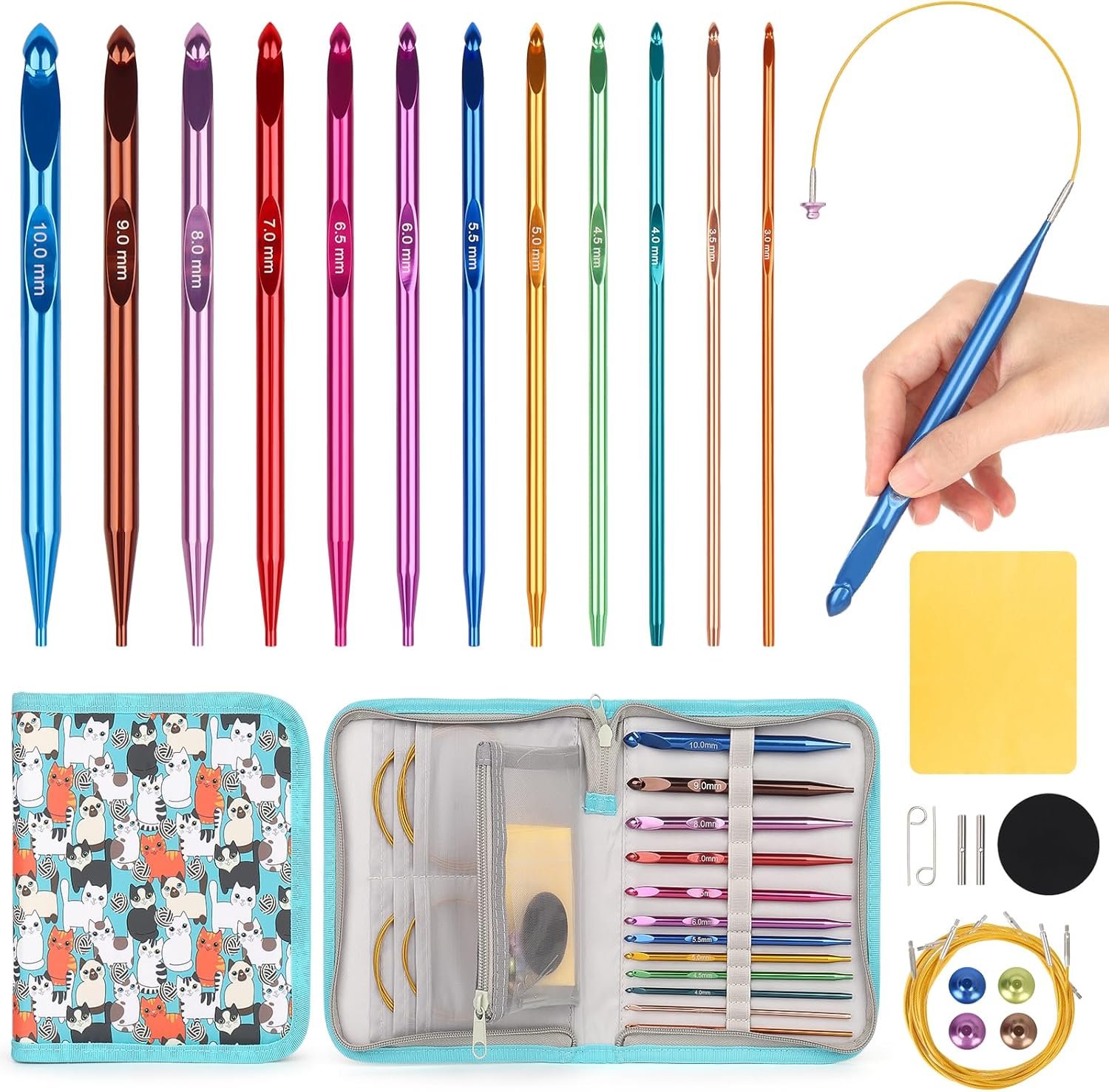 Aeelike Interchangeable Tunisian Crochet Hooks Set, 12 Sizes Colorful Tunisian Crochet Hooks Set with Cables 3.0mm – 10.0mm Smooth Ergonomic Hook for Making Blanket Scarves, Ideal Gift