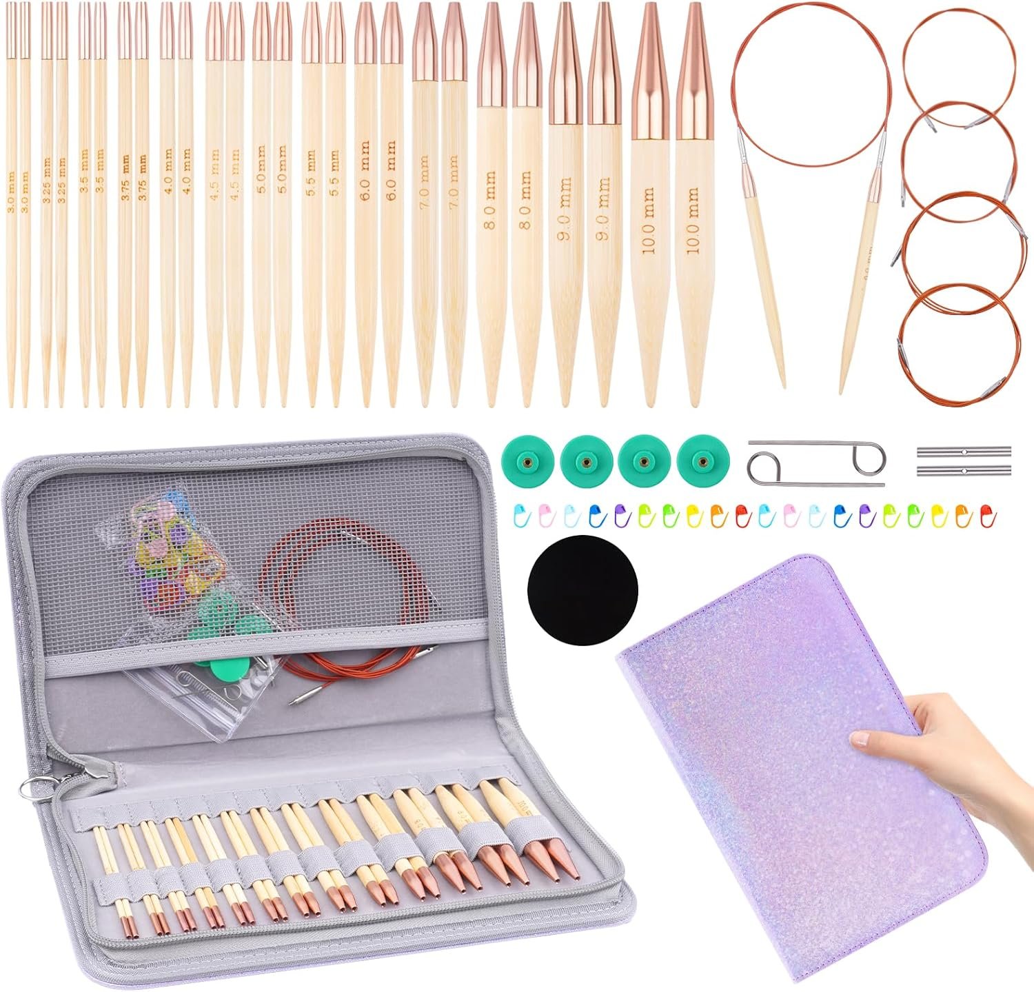 Hobekoee Bamboo Interchangeable Circular Knitting Needles Set 13 Pairs Interchangeable Knitting Needles 3.0mm~10.0mm