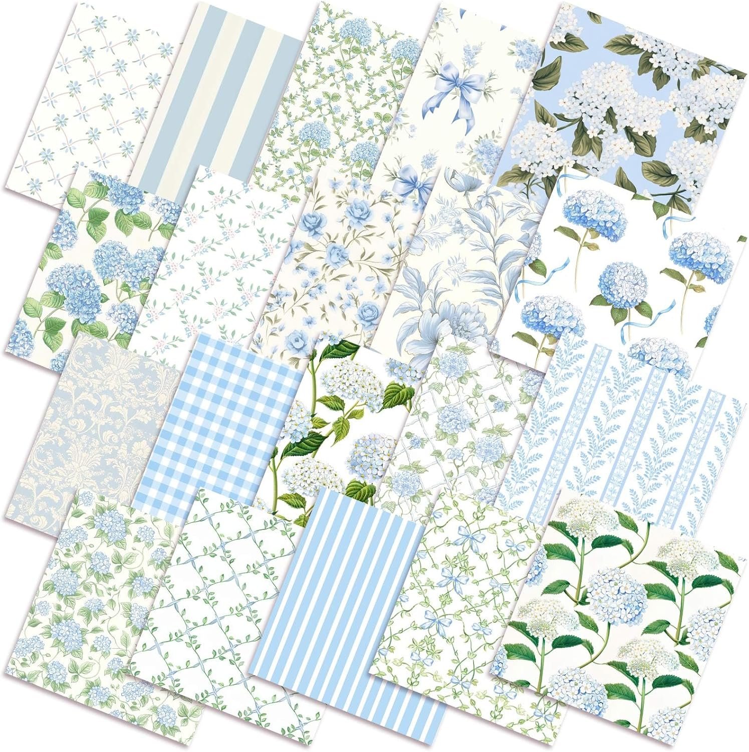 Fanfanwin 100 Pcs 5”x5” Hydrangea Quilting Fabric Square Watercolor Dusty Blue Floral Precuts Quilted Fabric Blue Plaid Stripes Printed Patchwork Materials for Spring Summer Sewing DIY Crafts