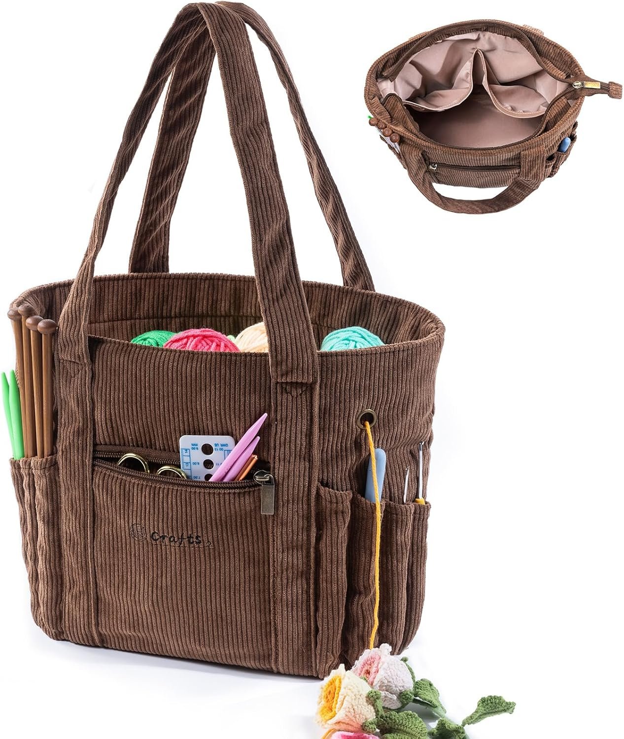 MYBAGZING Crochet Bag and Tote – Corduroy Yarn Bag – Yarn Holder for Crocheting – Crochet Storage Bag for Crochet Hooks, Crochet Accessories, Knitting Bag for Crochet Lovers, Mother’s Day Gift