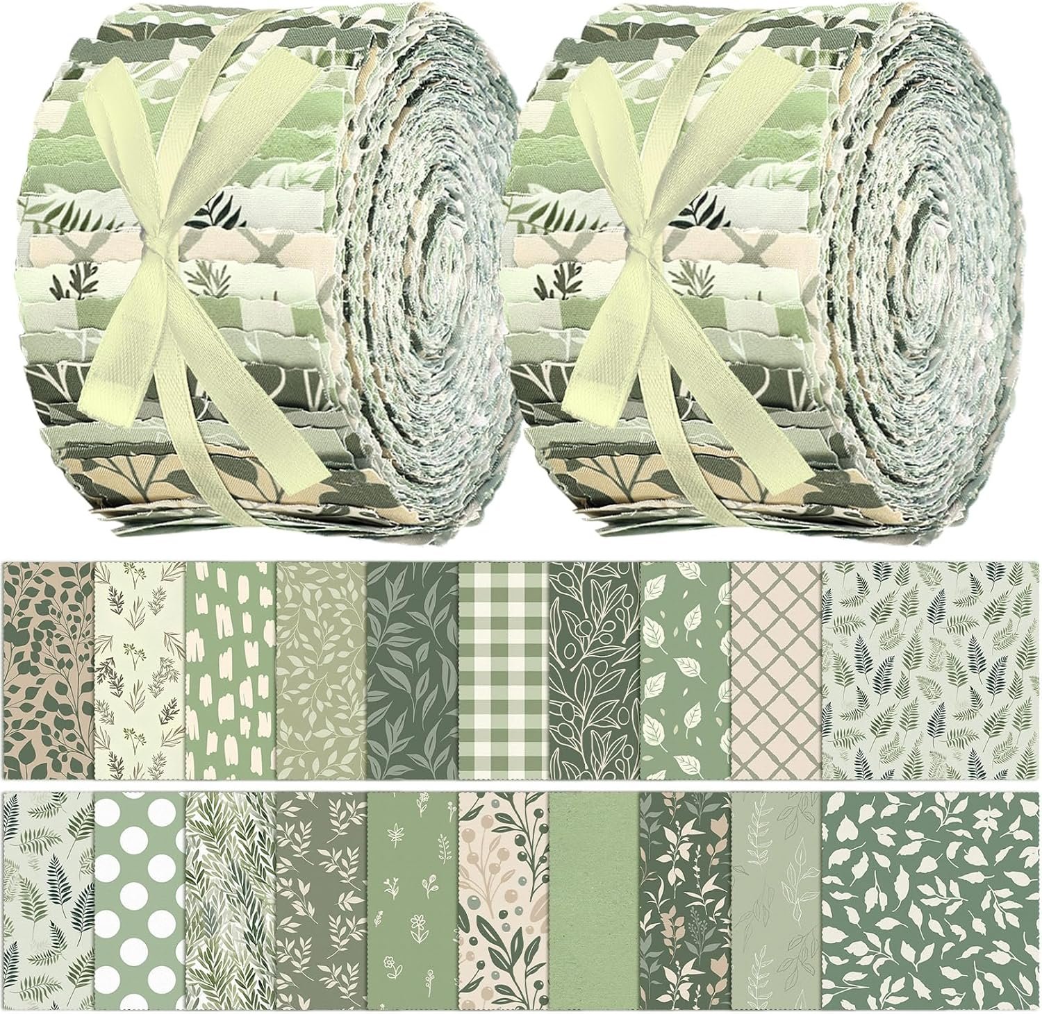 Hosuly 40 Pcs Sage Green Fabric Greenery Fabric for Rug Quilting Roll 2.55 Inch Forest Sage Leaf Quilting Strips Precut Bundle Roll for Spring Blanket Upholstery Purse Making DIY Craft Sewing