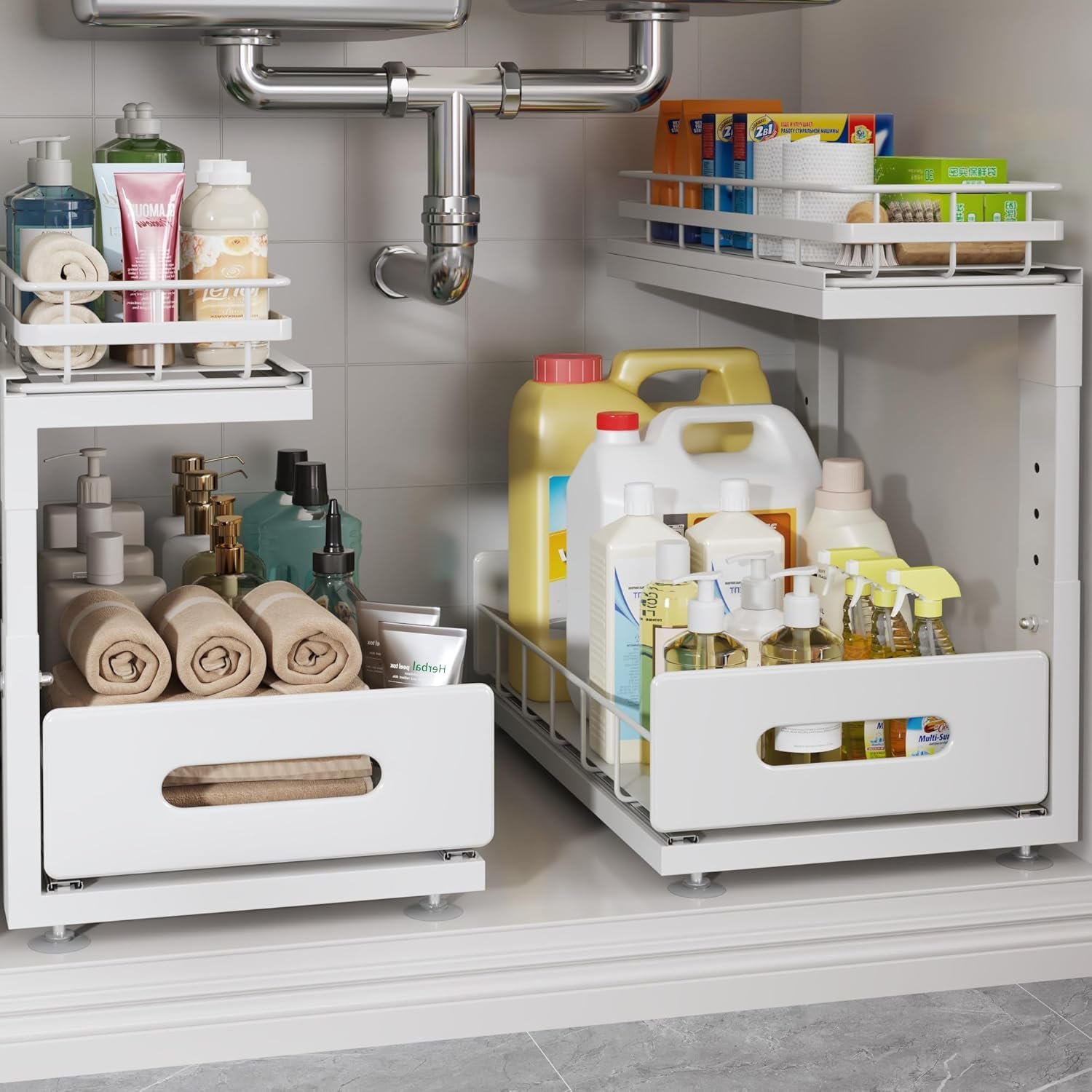 Under Sink Organizer Upgrade To Professional Rails,2-Tier Dual Pull Out Cabinet Storage,Height Adjustable Slide Out Drawers For Bathroom Kitchen,2 Pack-14.5″ Dx12.8-16.9″ H,White