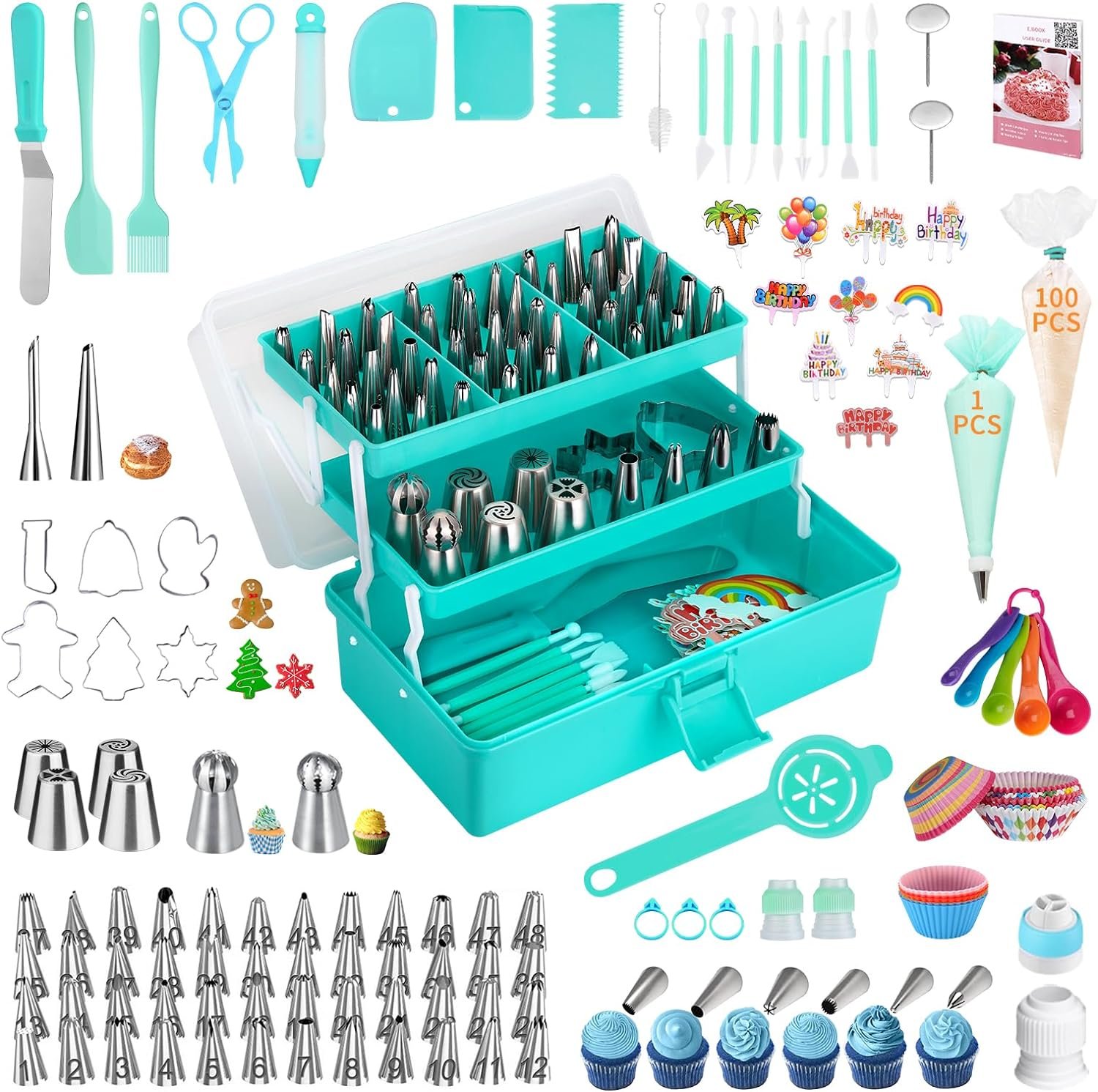 Cake Decorating Supplies Tools Kit: 358 pcs Baking Accessories with Storage Case – Piping Bags and Icing Tips Set – Puffs Christmas Cookie Cutters Cupcake Set for Beginners or Professional, Mint Green