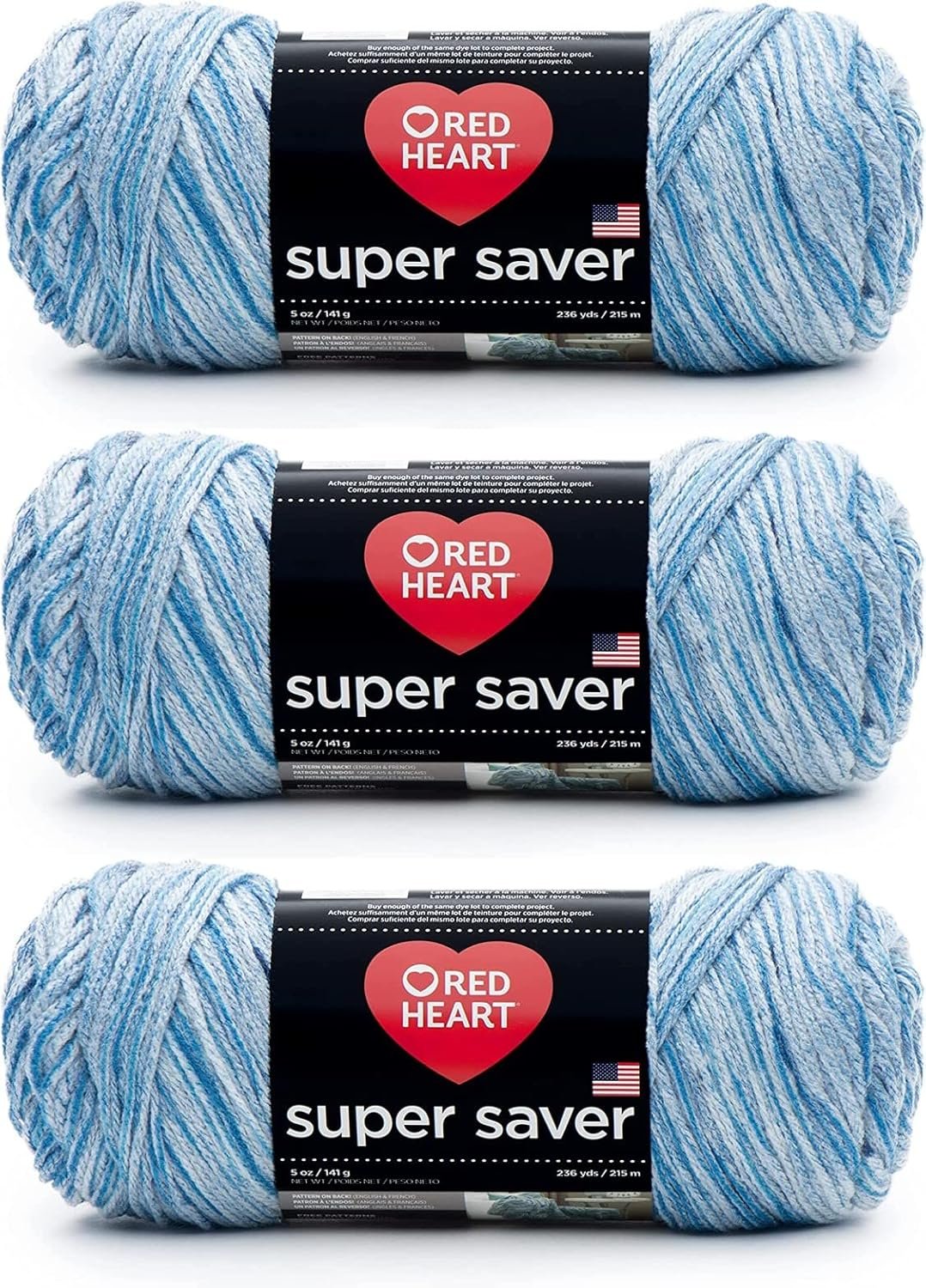 Red Heart Super Saver Lapis Yarn – 3 Pack of 5oz/142g – Acrylic – 4 Medium (Worsted) – 364 Yards – Knitting/Crochet