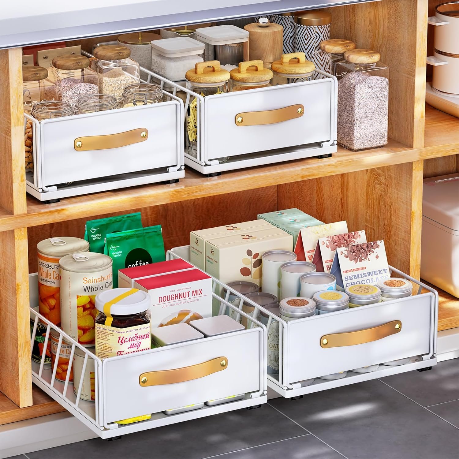 Pull out Cabinet Organizer,Heavy Duty Slide out Pantry Shelves Drawer Storage with Adhesive Nano Film,Sliding Mesh Cabinet Basket with Handle for Kitchen, Bathroom, Home, 11.8W” X 15.7″D X 6.2″H,White