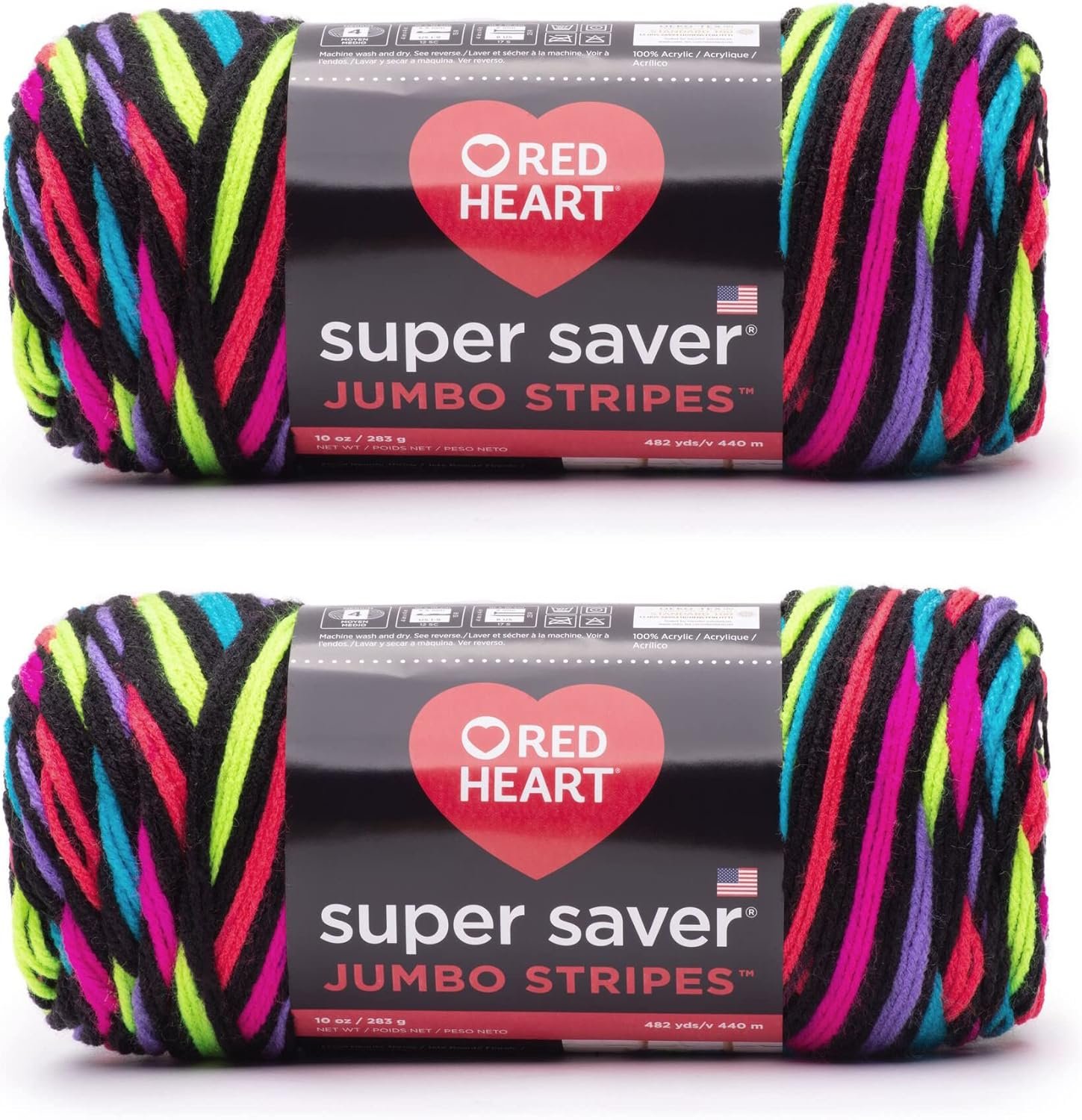 Red Heart Super Saver Jumbo Neon Stripe Yarn – 2 Pack of 283g/14oz – Acrylic – 4 Medium (Worsted) – 482 Yards – Knitting/Crochet