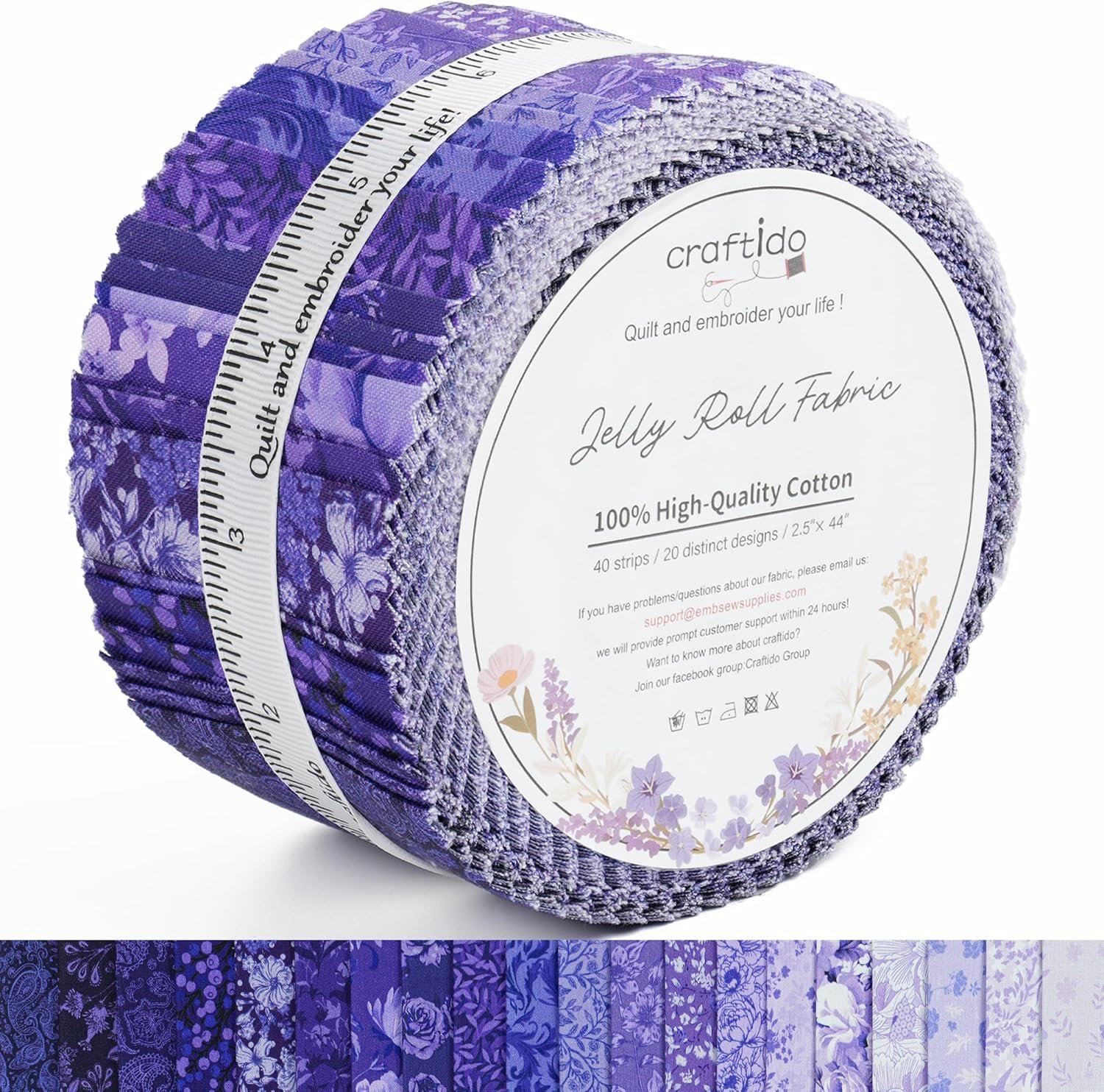 Craftido-18 Options-100% Cotton Jelly Roll Fabric Precut Strips for Quilting, Crafting, and Sewing, 40 Strips 2.5″ x 44″ Assorted Bundles for Rug, Quilt Project, DIY Craft and Home Decor-Royal Purple